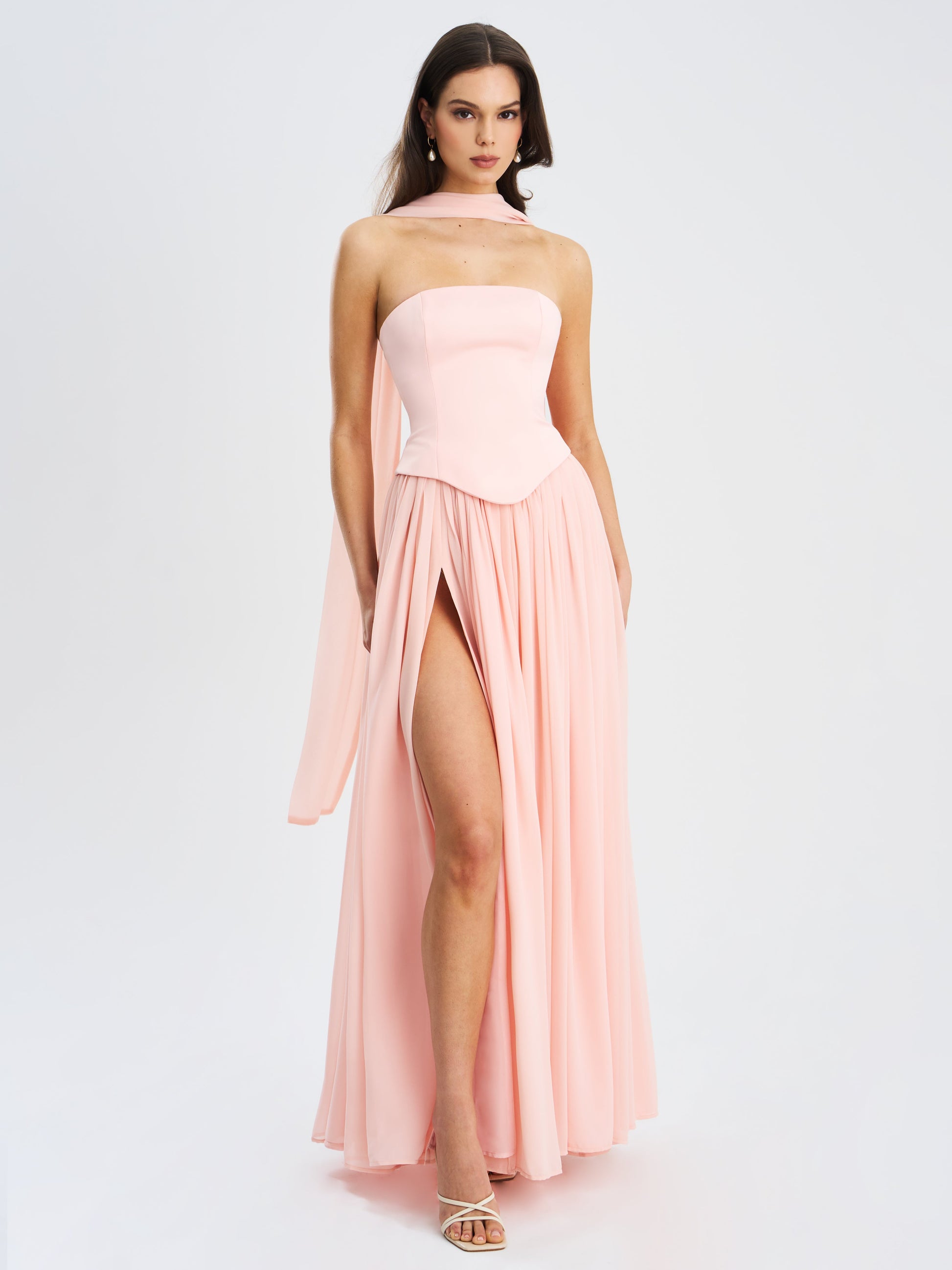 Qianna Baby Pink Peplum Drop Waist Chiffon Gown