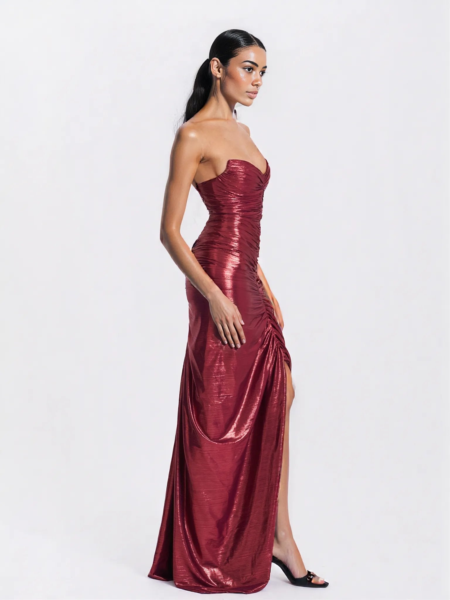 Sable Ruched Burgundy Glitter Mermaid Gown - HOUSE OF SHE