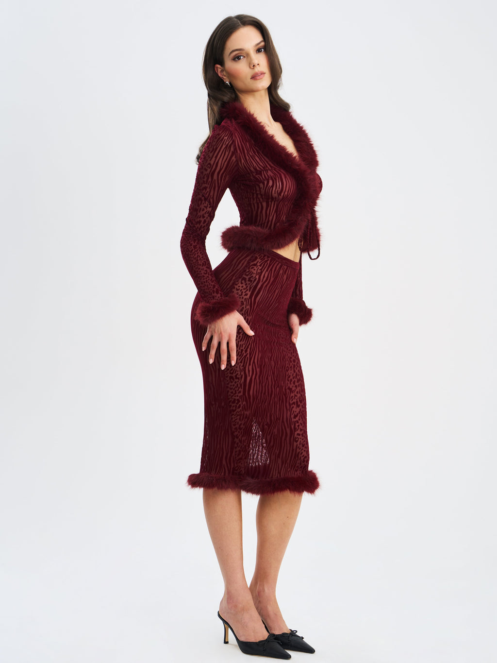 Halia Burgundy Animal Print Burnout Velvet Fur Trim Skirt - HOUSE OF SHE