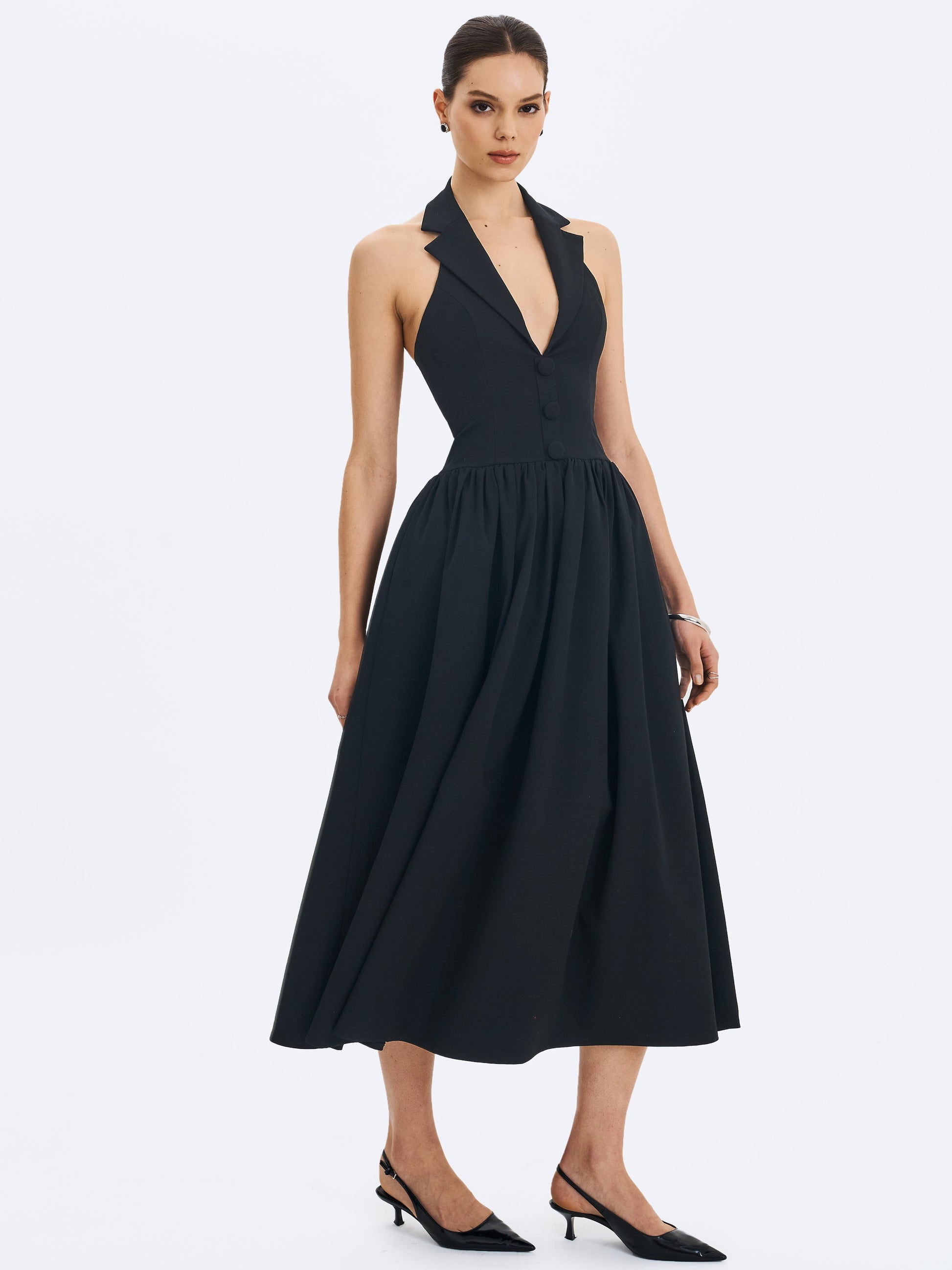 Delaney Black Lapel Halter Midi A-Line Dress