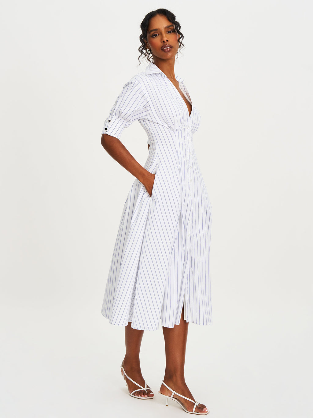 Palina Pinstripes Cotton Poplin Pleated Midi Preppy Shirt Dress - HOUSE OF SHE