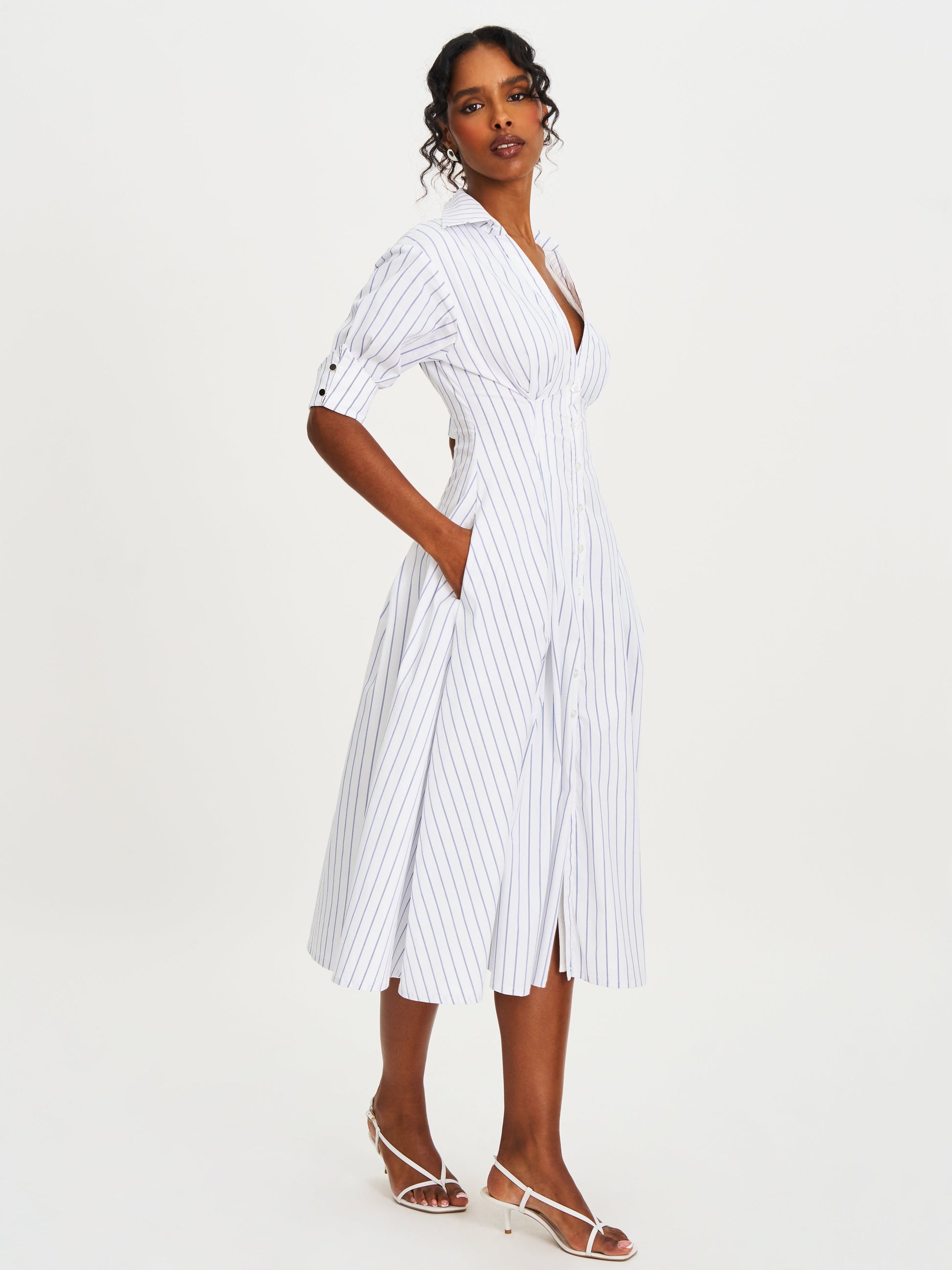 Palina Pinstripes Cotton Poplin Pleated Midi Preppy Shirt Dress - HOUSE OF SHE