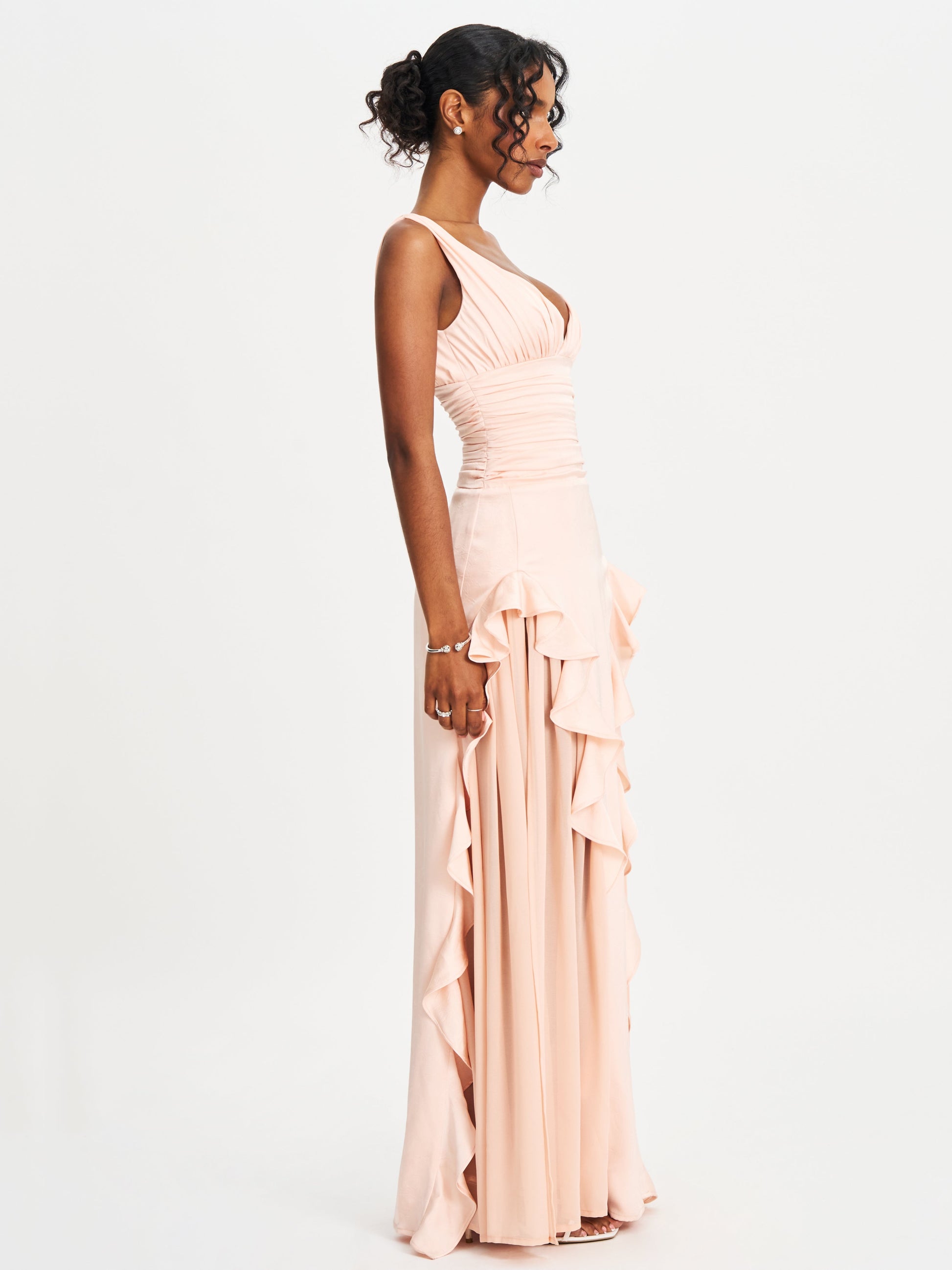 Talyssa Baby Pink Ruched Waist Double High Slit Maxi Gown - HOUSE OF SHE
