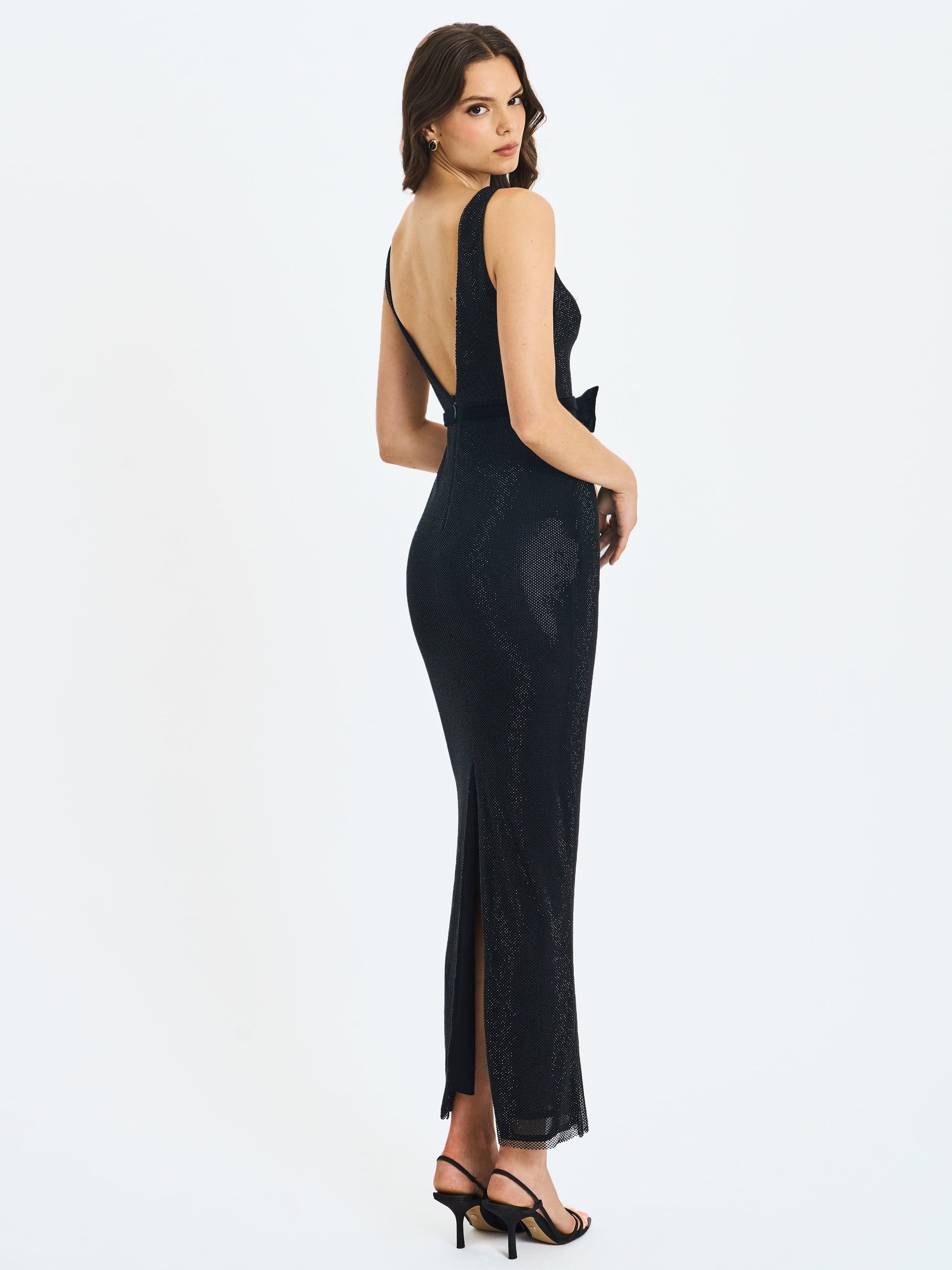 Olympia Black Belted Bow Plunging Rhinestone Maxi Dress