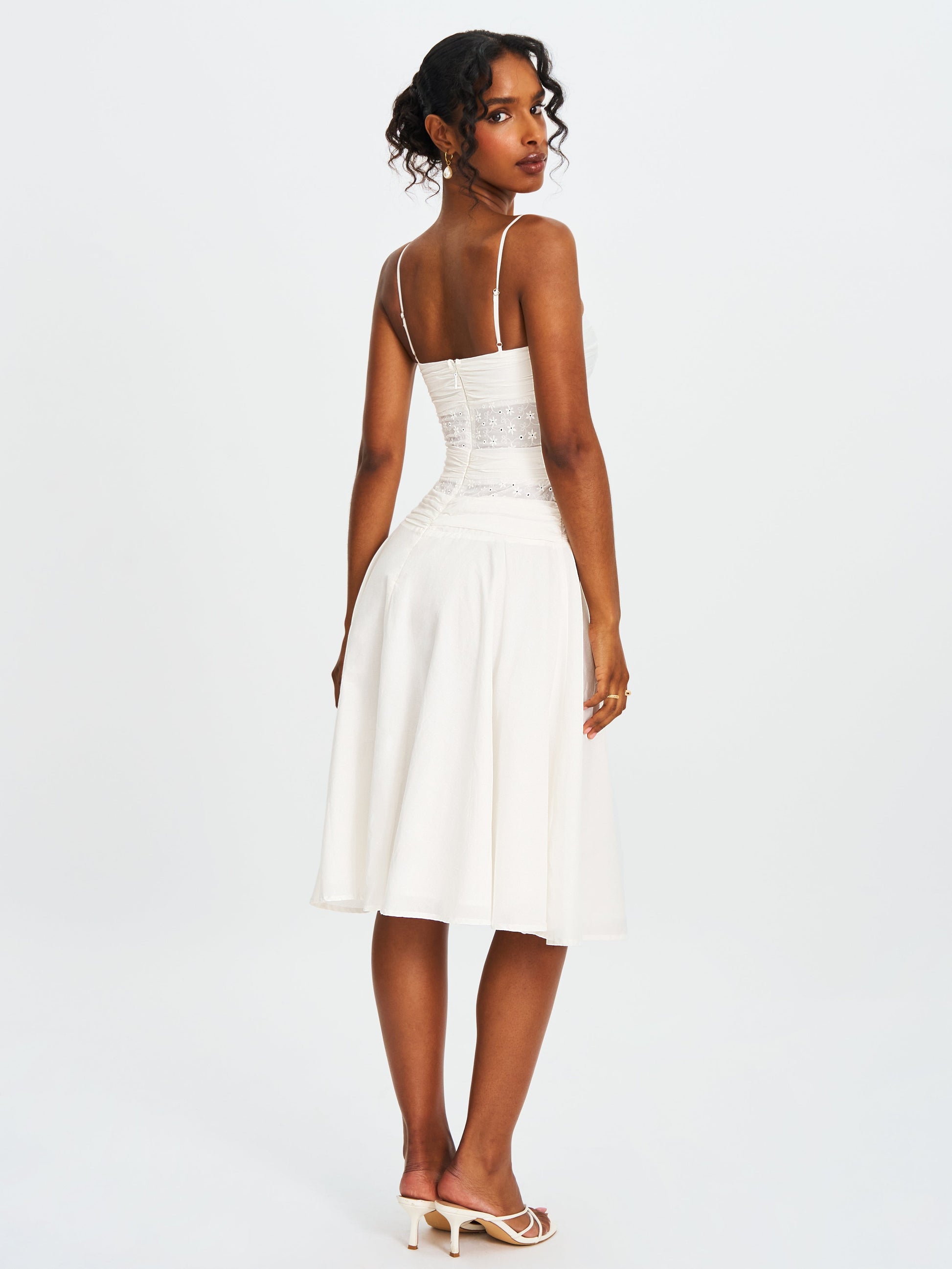 Maelis White Eyelet Drop Waist Cotton Midi Dress - HOUSE OF SHE