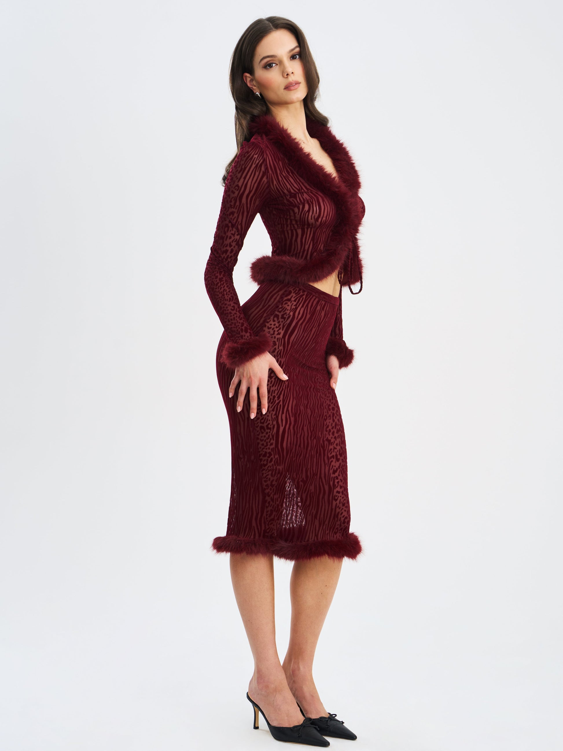 Hali Burgundy Animal Print Burnout Velvet Fur Trim Top - HOUSE OF SHE