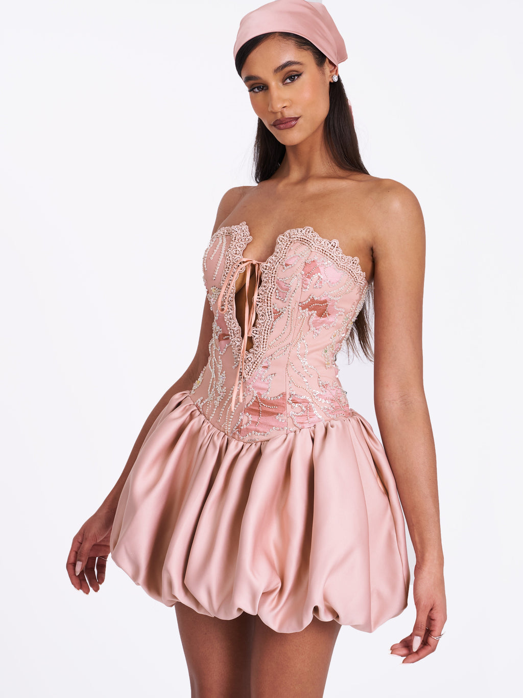Palesa Pink Ballet Style Embroidered Bubble Hem Mini Dress - HOUSE OF SHE