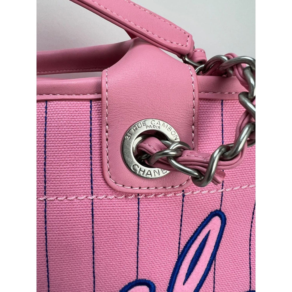 Chanel Canvas Calfskin Striped Medium Deauville Pink Tote - HOUSE OF SHE