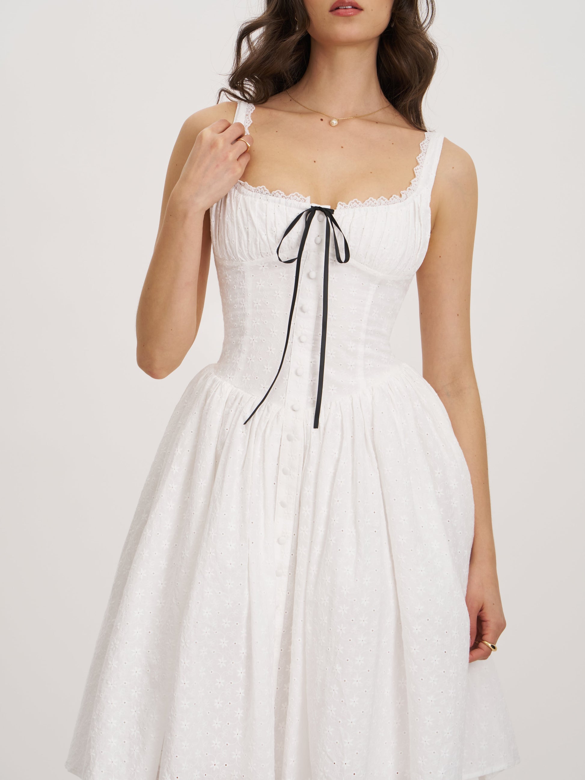 Madison Cotton Eyelet Square Neck Midi Dress - HOUSE OF SHE