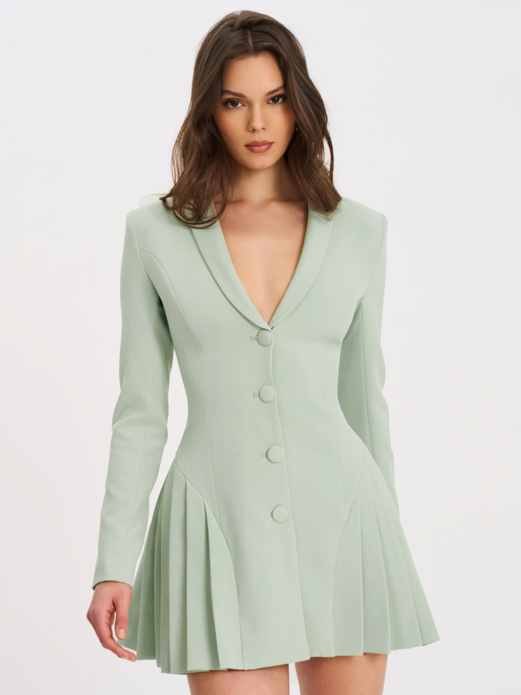 Delia Pistachio Green Blazer Dress with Pleated Detail - HOUSE OF SHE