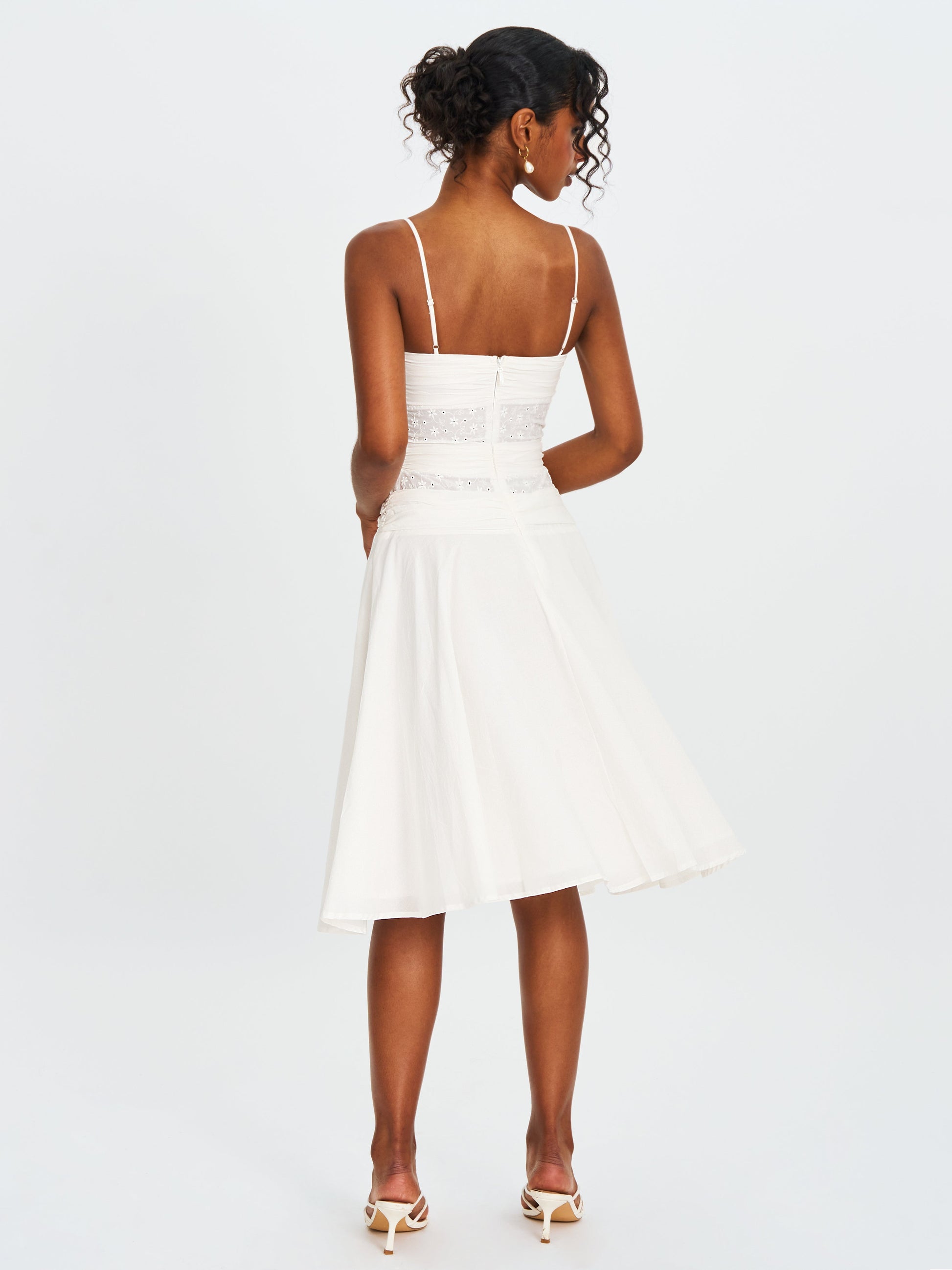 Maelis White Eyelet Drop Waist Cotton Midi Dress - HOUSE OF SHE