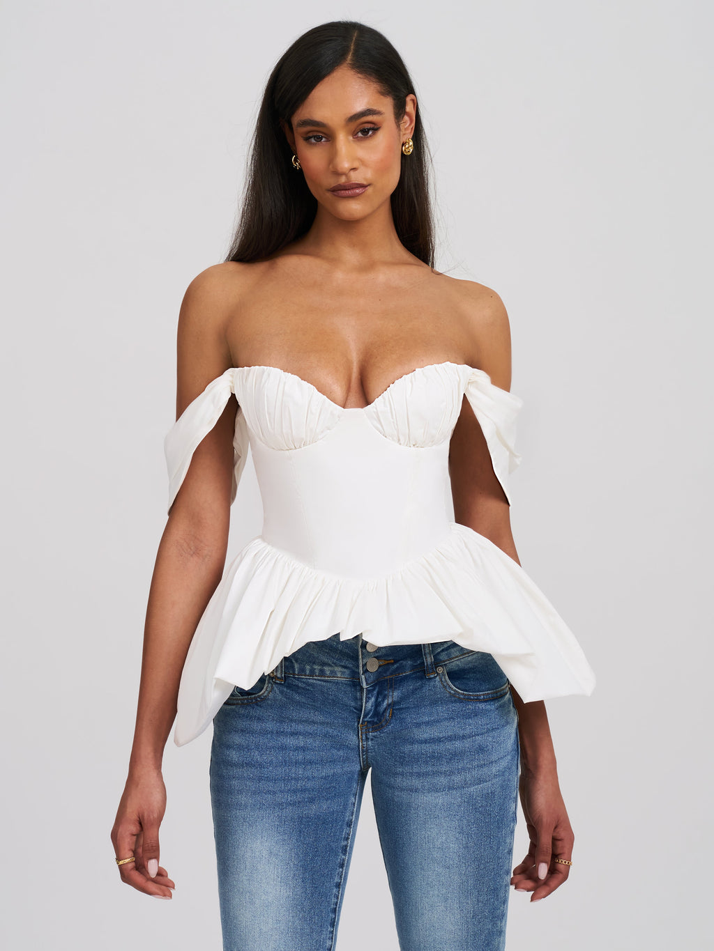 Qistina White Off-shoulder Bubble Hem Peplum Cotton Top