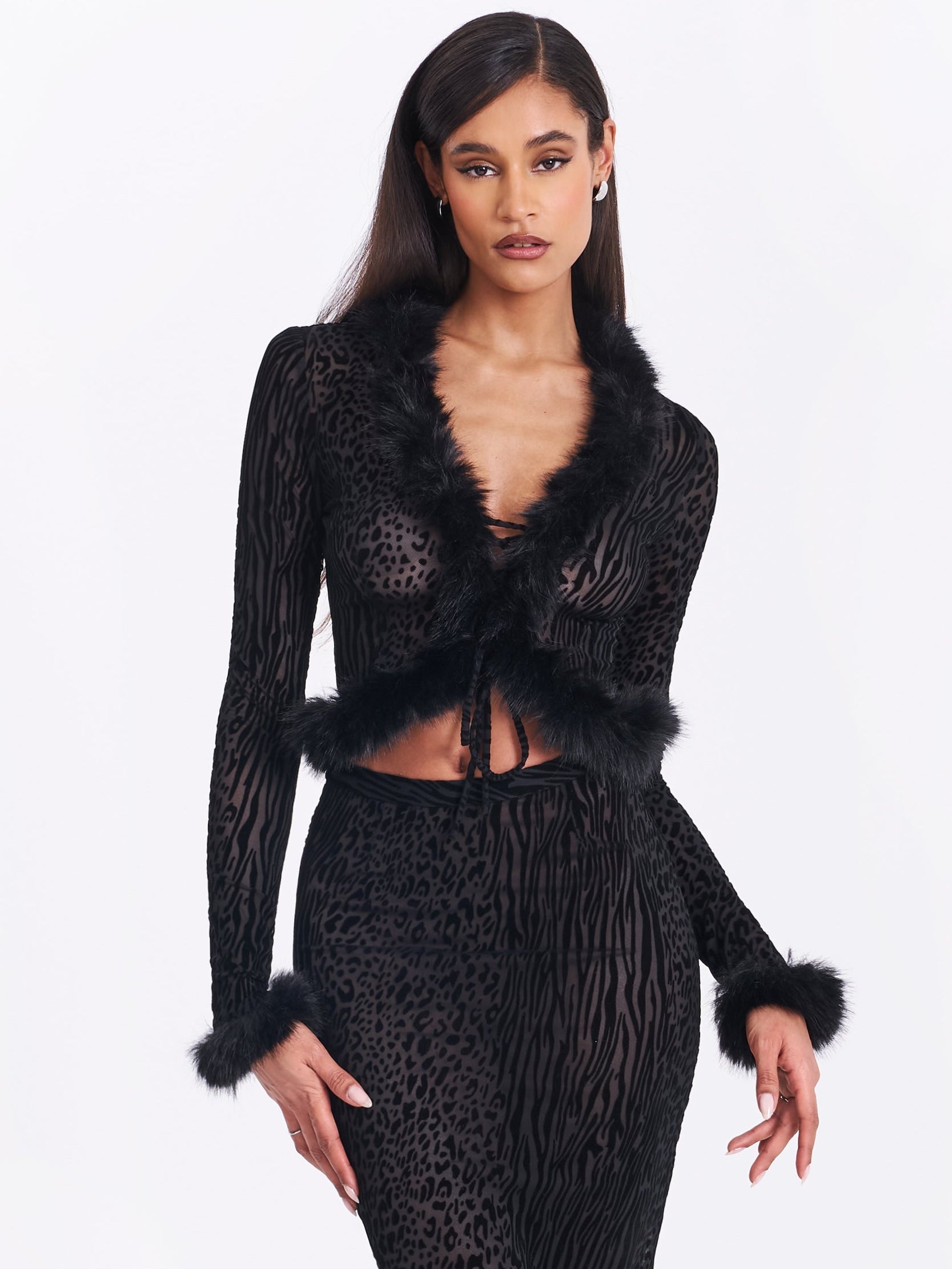 Hali Black Animal Print Burnout Velvet Fur Trim Top - HOUSE OF SHE