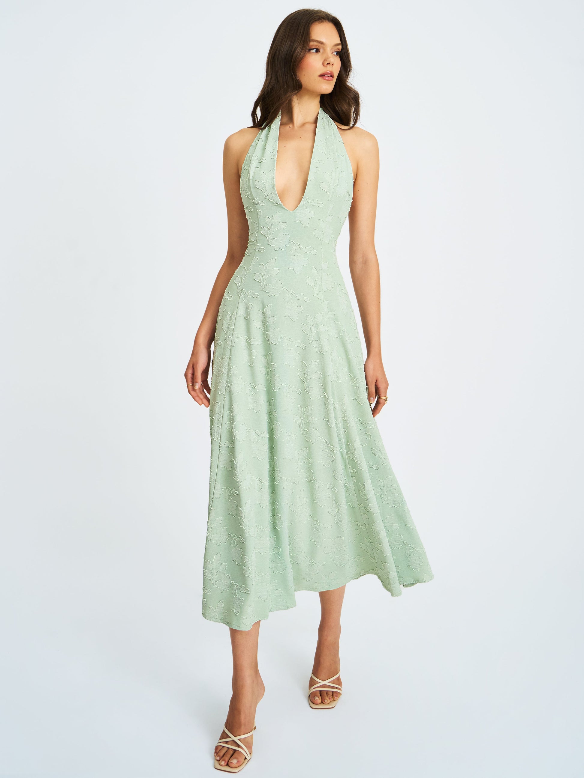 Magda Mint Green Deep V Neck Halter A-line Midi Dress - HOUSE OF SHE