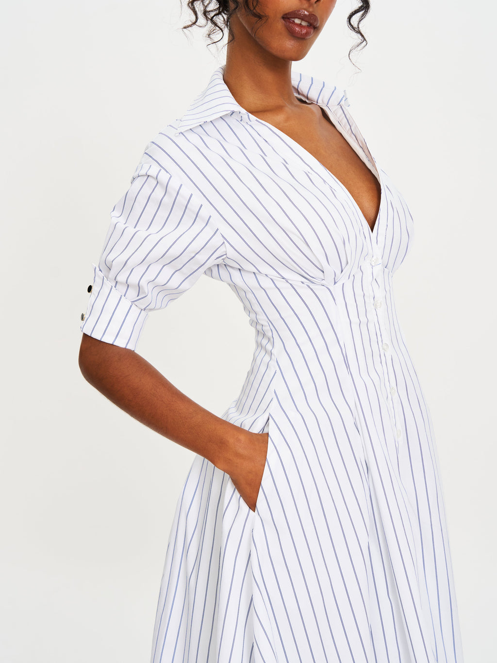 Palina Pinstripes Cotton Poplin Pleated Midi Preppy Shirt Dress - HOUSE OF SHE
