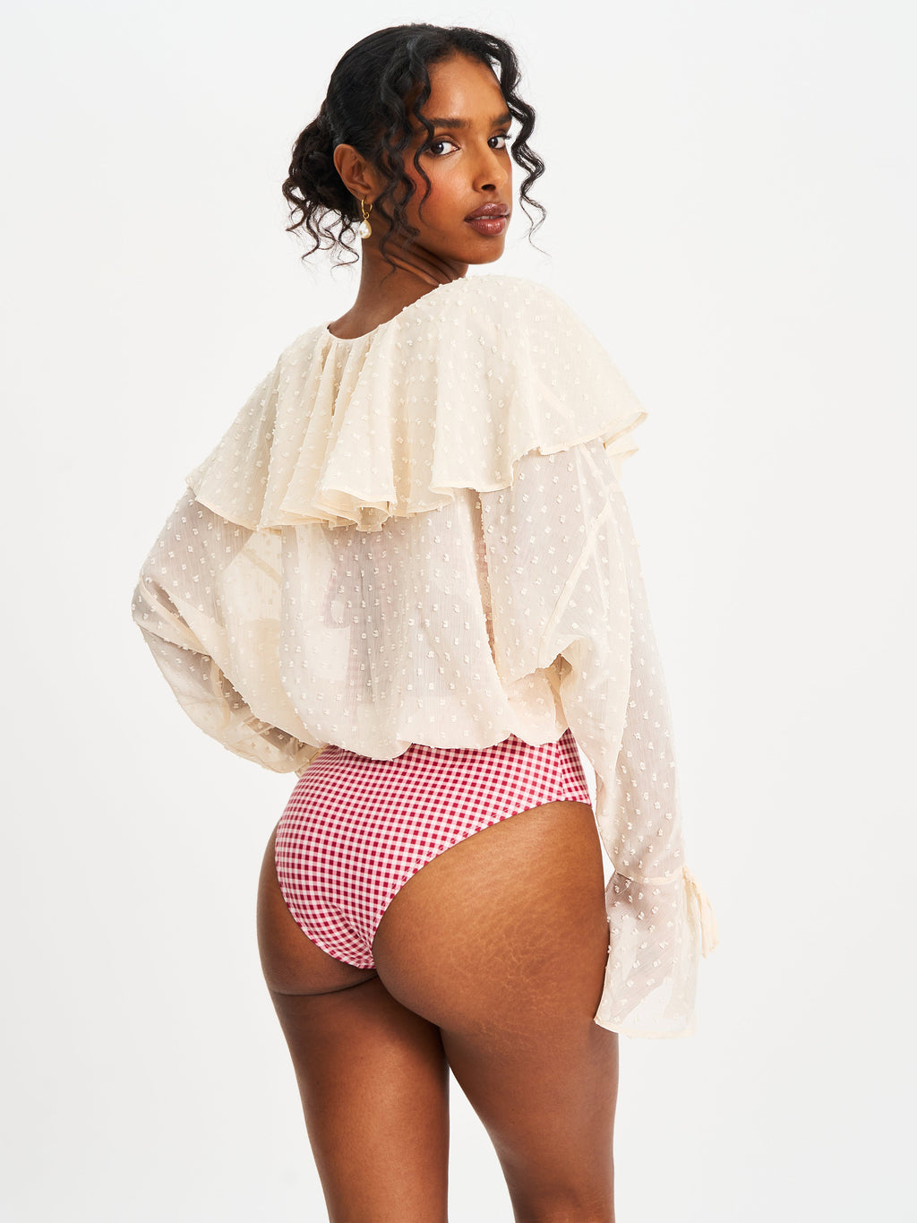 Magali Beige Dotted Mesh Ruffle V Collar Top - HOUSE OF SHE