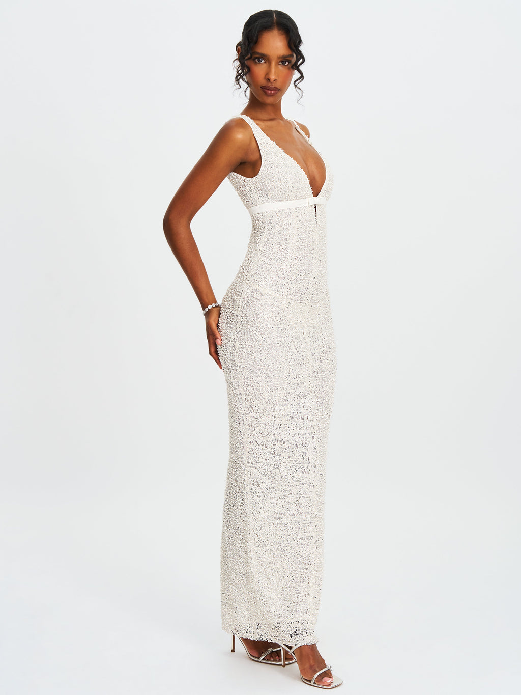 Adelaide White Beaded Sequin Net Bodycon Gown
