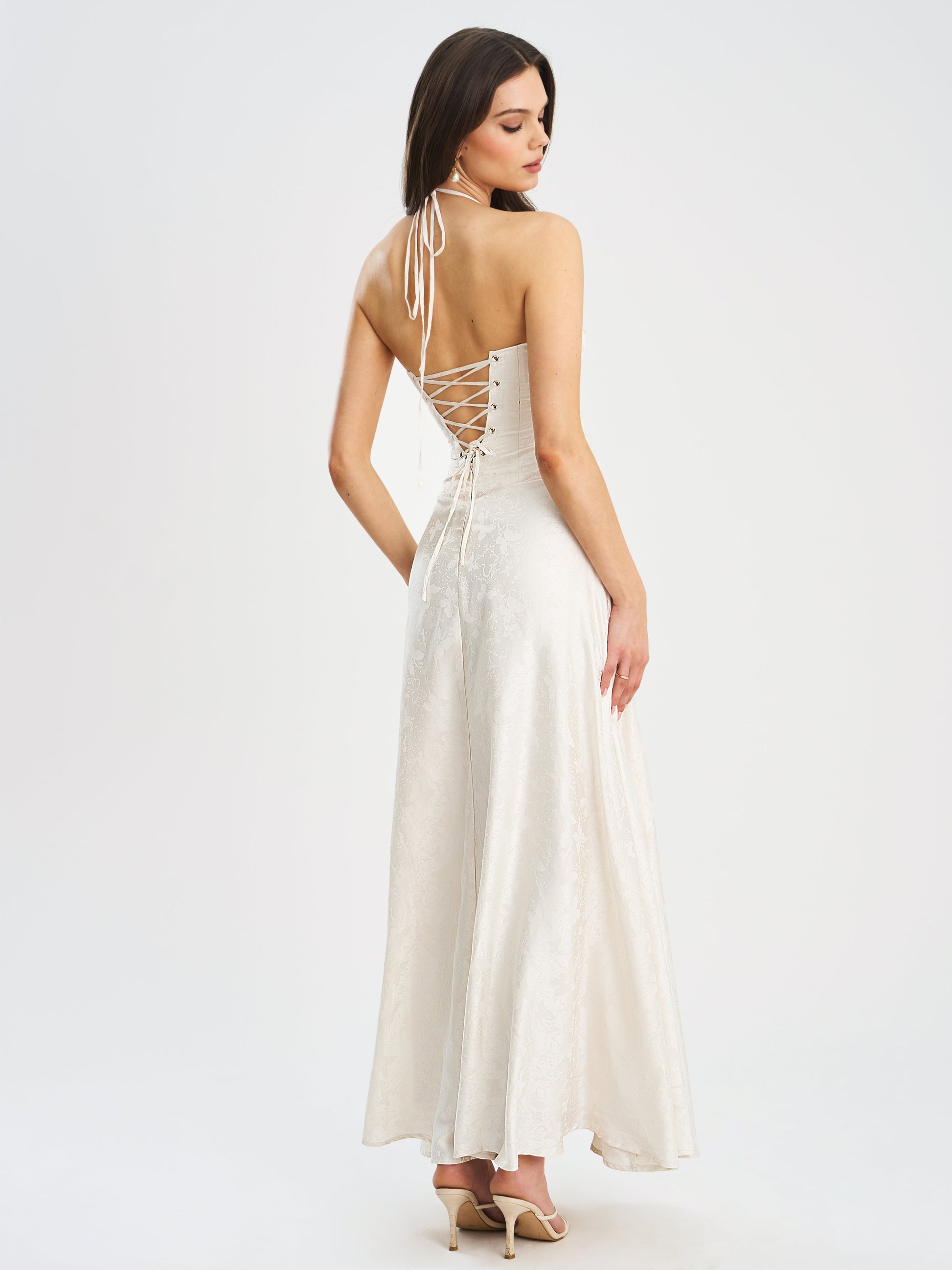 Raegan Pearl White Jacquard Rouched Maxi Dress - HOUSE OF SHE