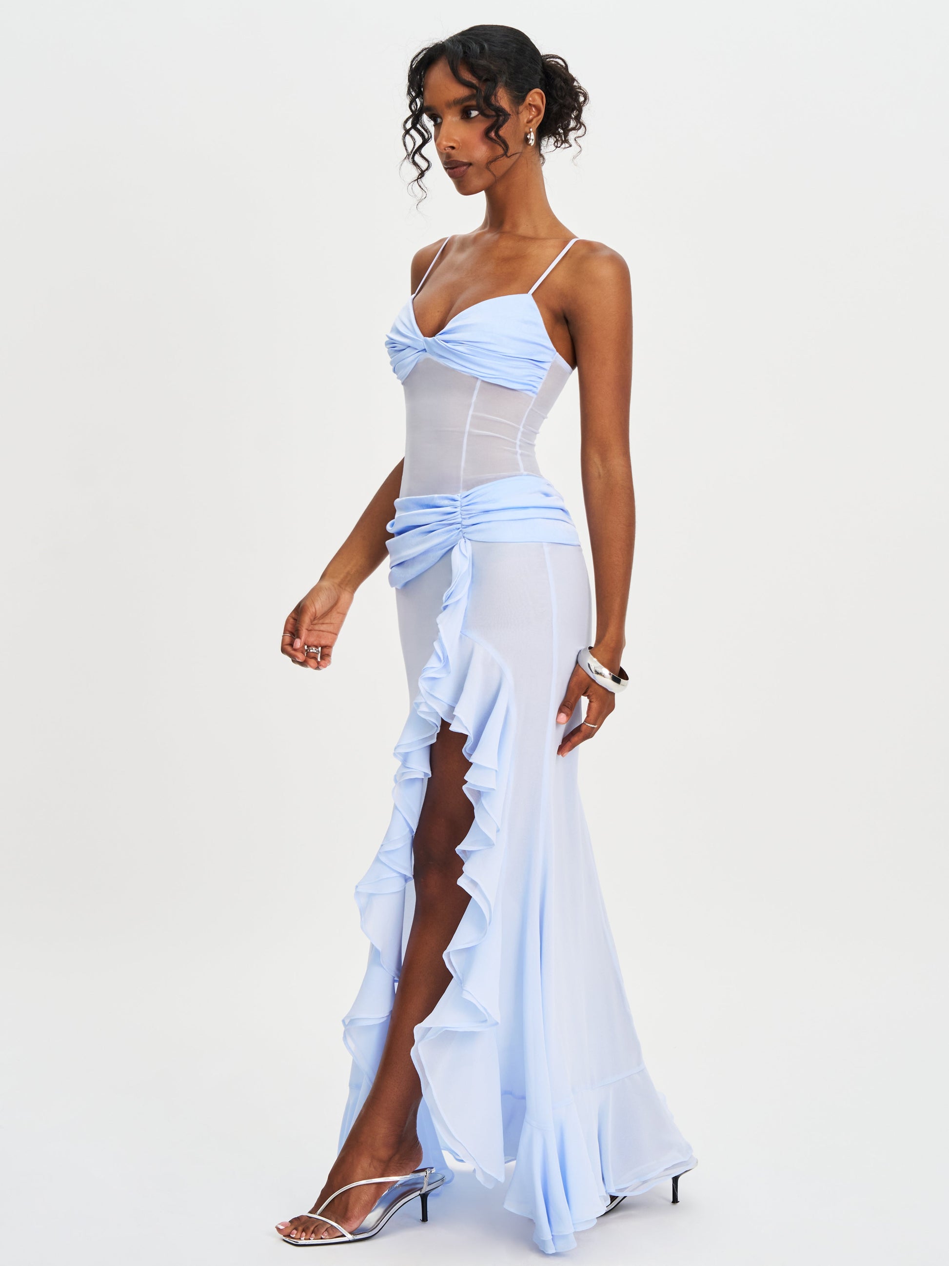 Lacy Blue Ruched Breast High Slit Chiffon Dress - HOUSE OF SHE