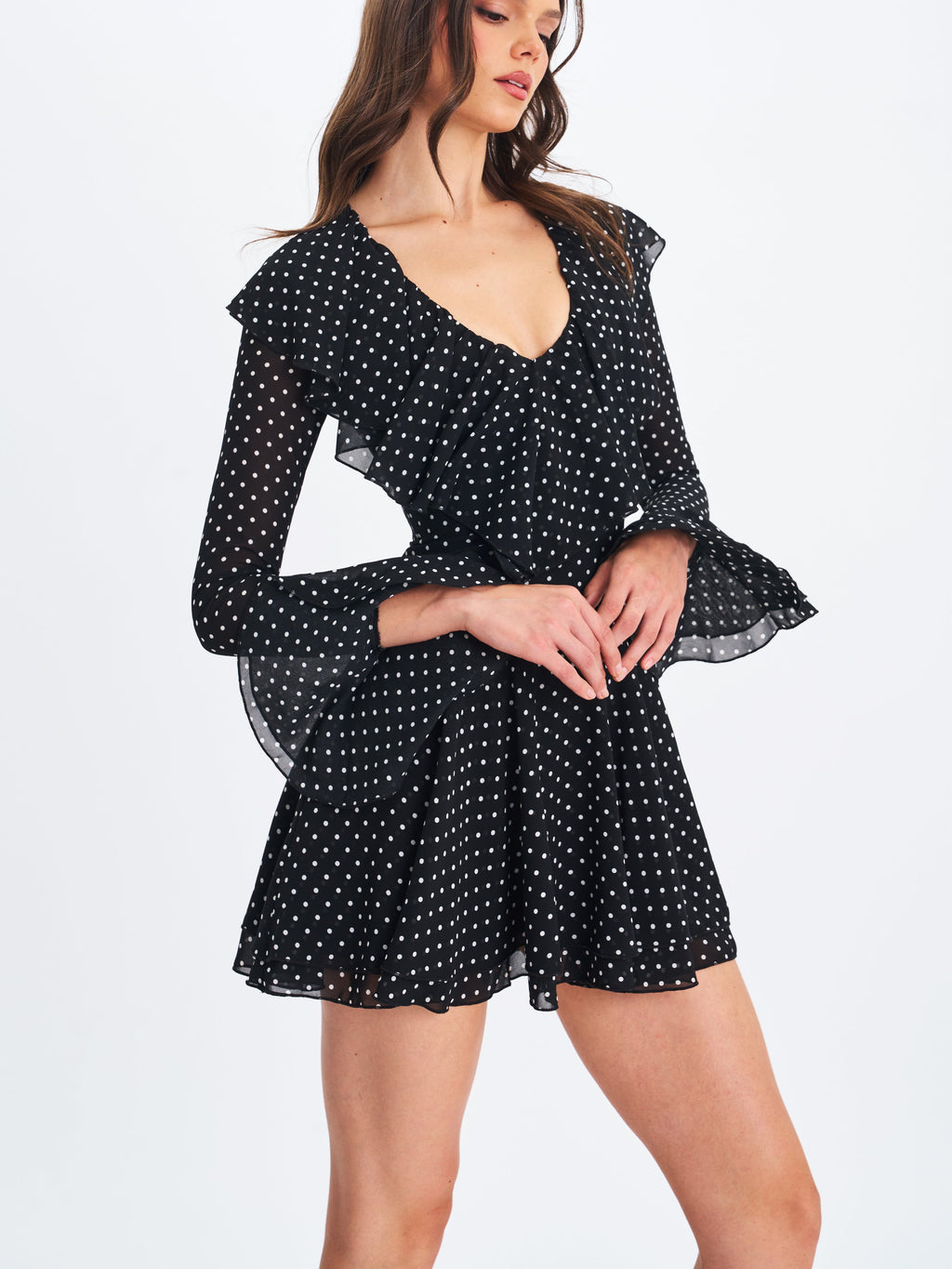 Omari Black Chiffon Polka Dot Ruffled Neckline Mini Dress