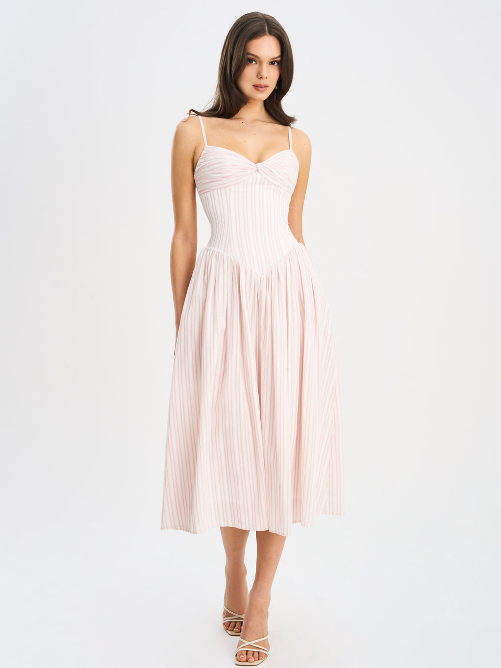 Zania Pink Stripe Ruched Breast Cotton Jacquard Midi Dress