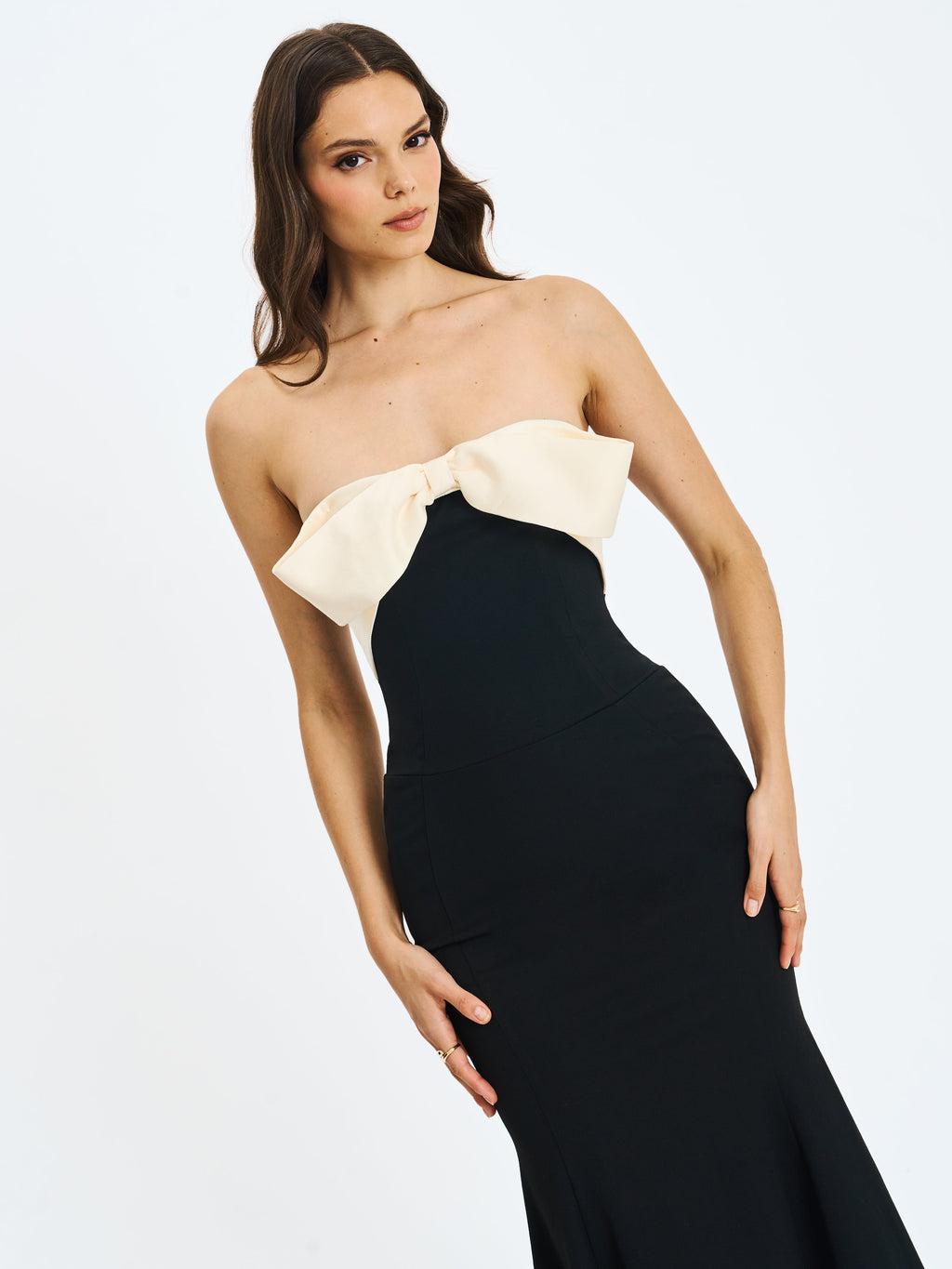 Saige Black Mermaid Maxi Dress with Ivory Bow Bustline