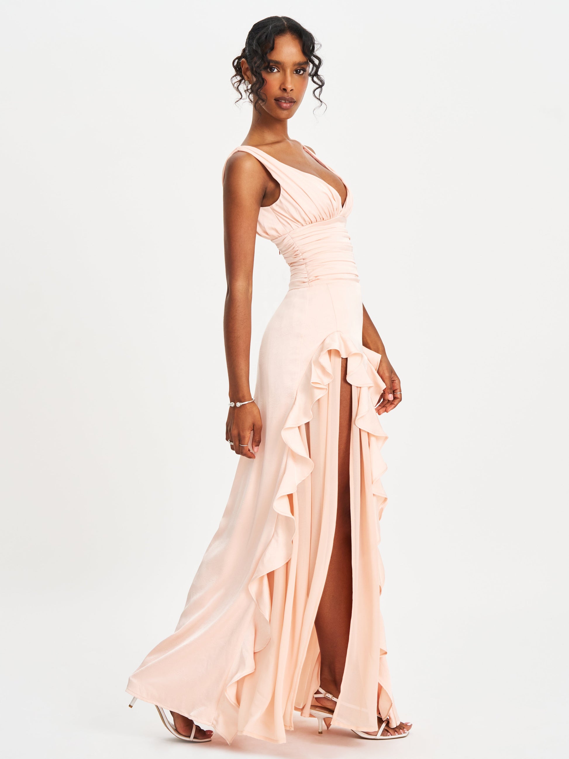 Talyssa Baby Pink Ruched Waist Double High Slit Maxi Gown - HOUSE OF SHE