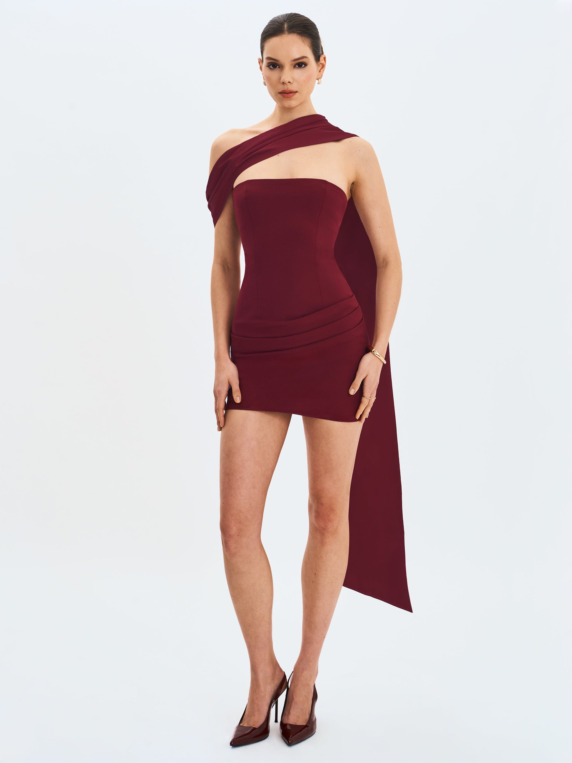 Ovelia Crimson Satin Ribbon Strapless Mini Dress
