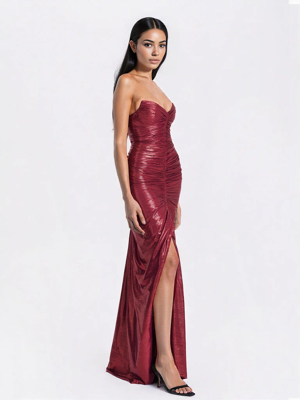 Sable Ruched Burgundy Glitter Mermaid Gown - HOUSE OF SHE