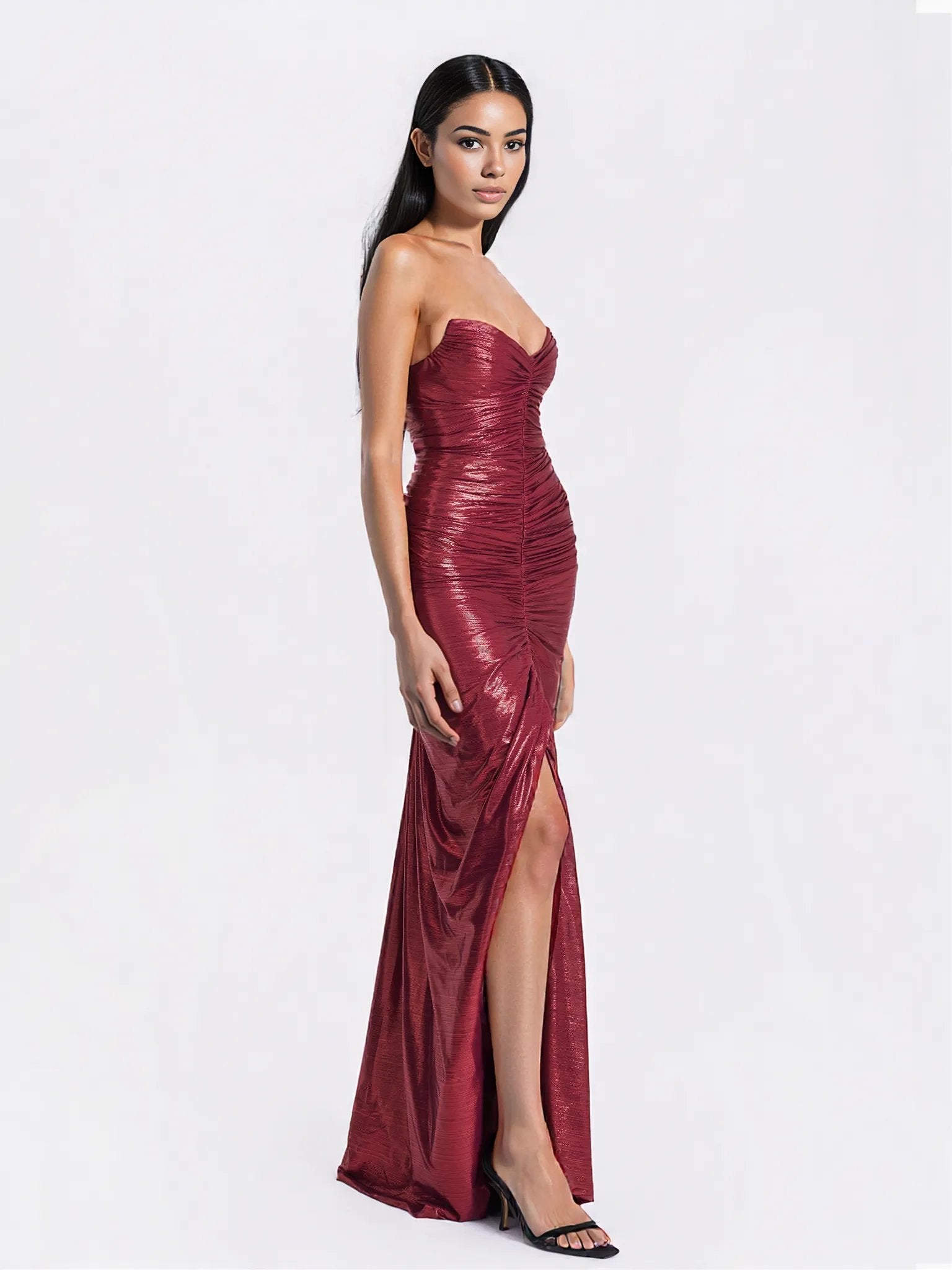 Sable Ruched Burgundy Glitter Mermaid Gown - HOUSE OF SHE