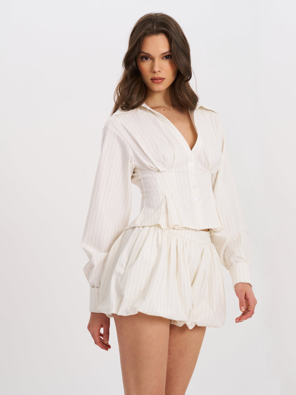Sylvie White Pinstripe Bubble Shorts - HOUSE OF SHE
