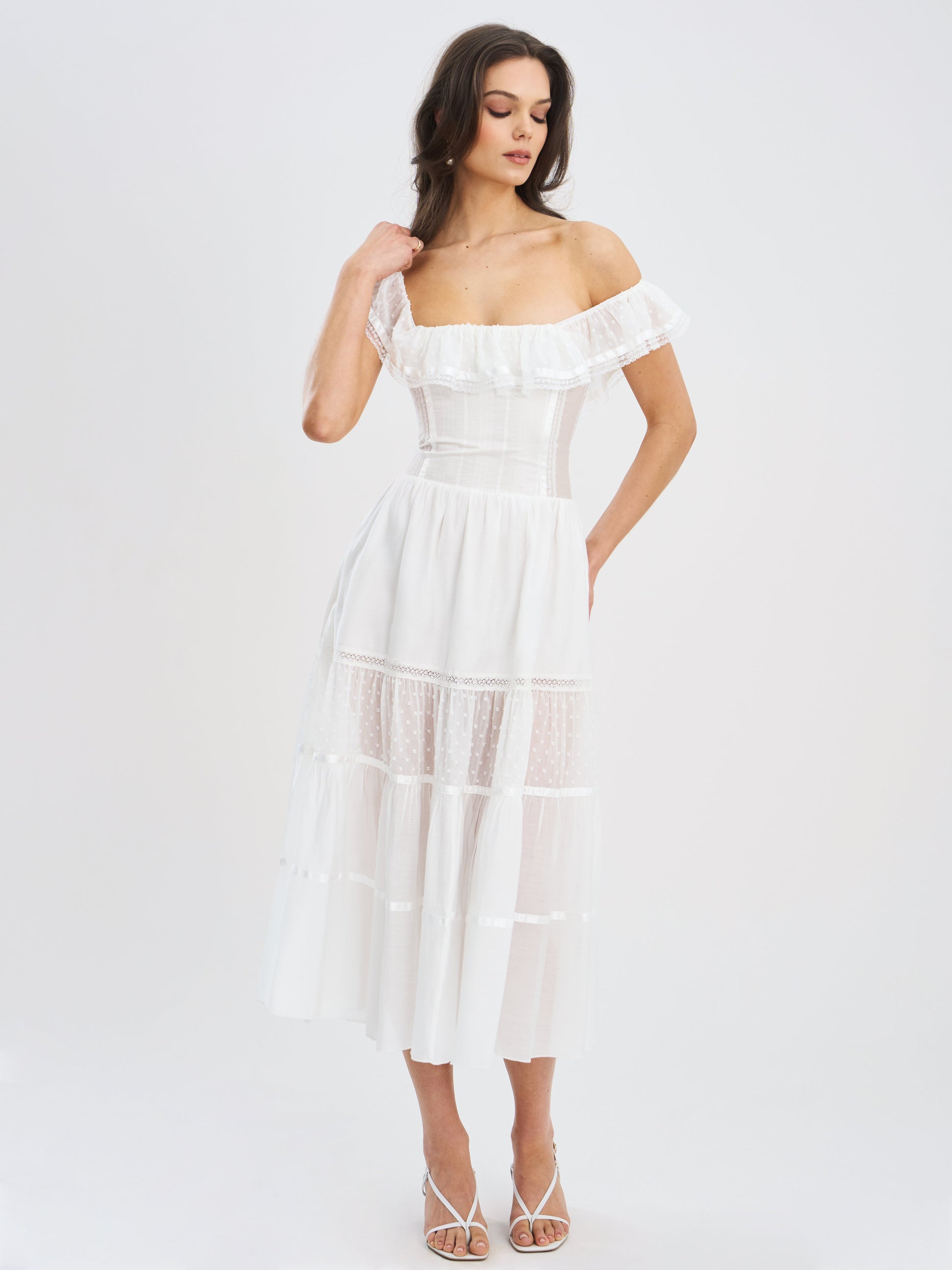 Eden Square Neck Ruffle Trim High Waist Midi Dress - HOUSE OF SHE