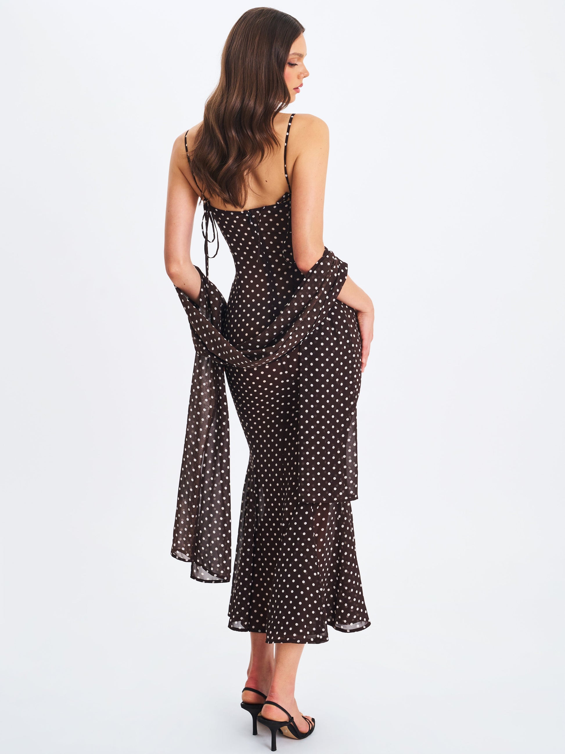 Yadira Brown Base Polka Dot Chiffon Maxi Dress