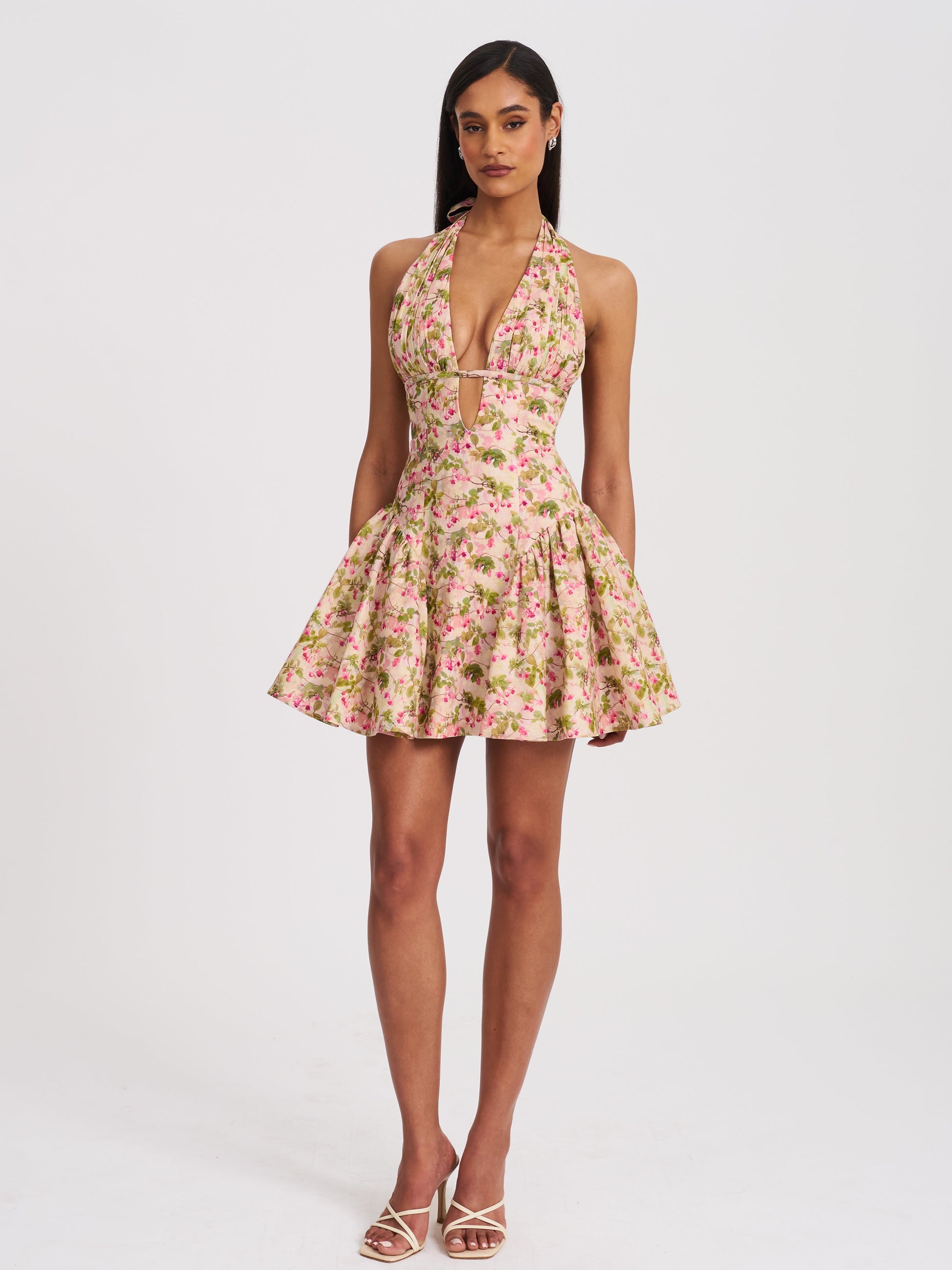 Mackenzie Green and Pink Floral Print Halter Linen Mini Dress