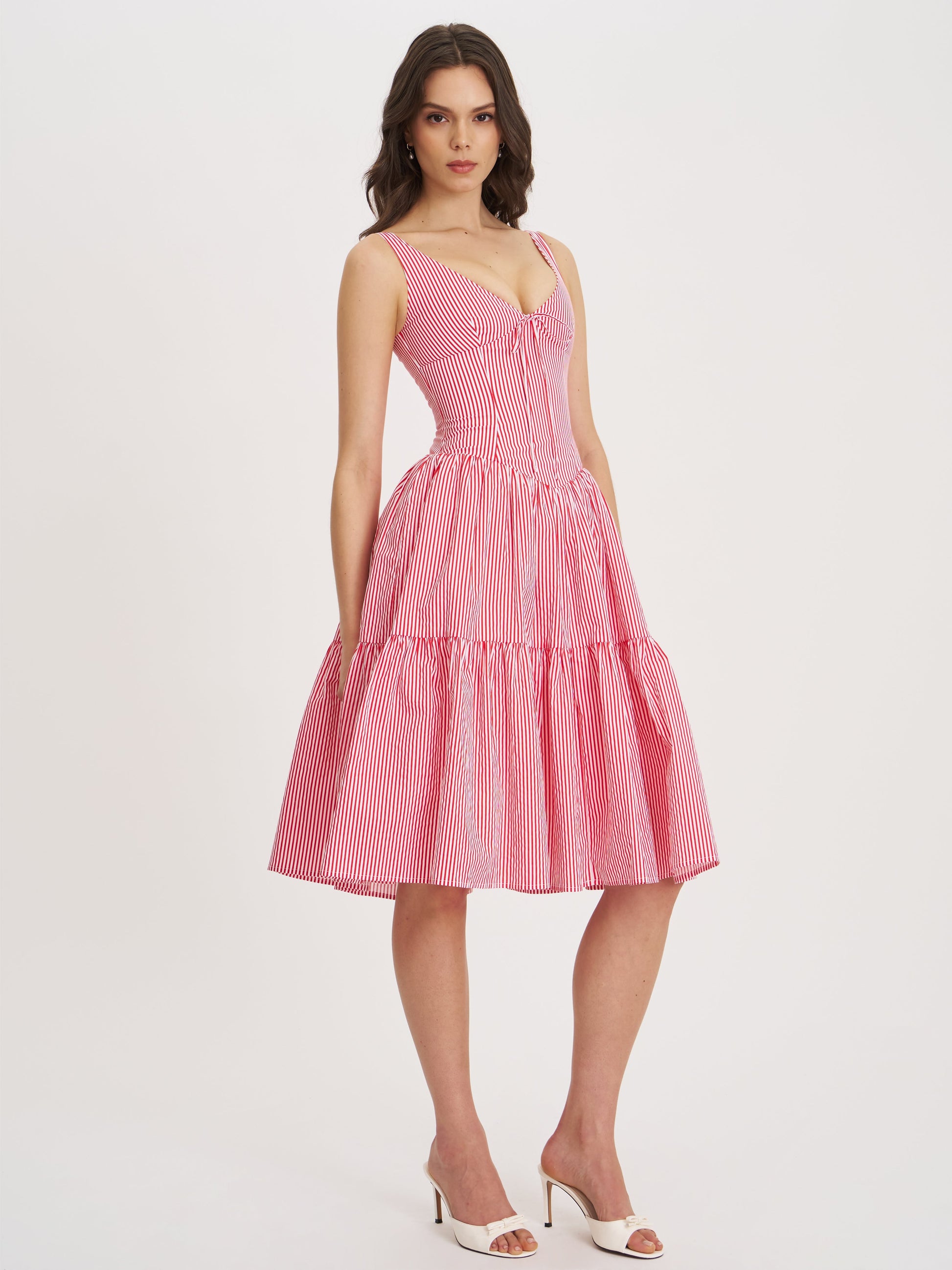 Oceana Red Candy Stripe Drop Waist Midi Dress - HOUSE OF SHE