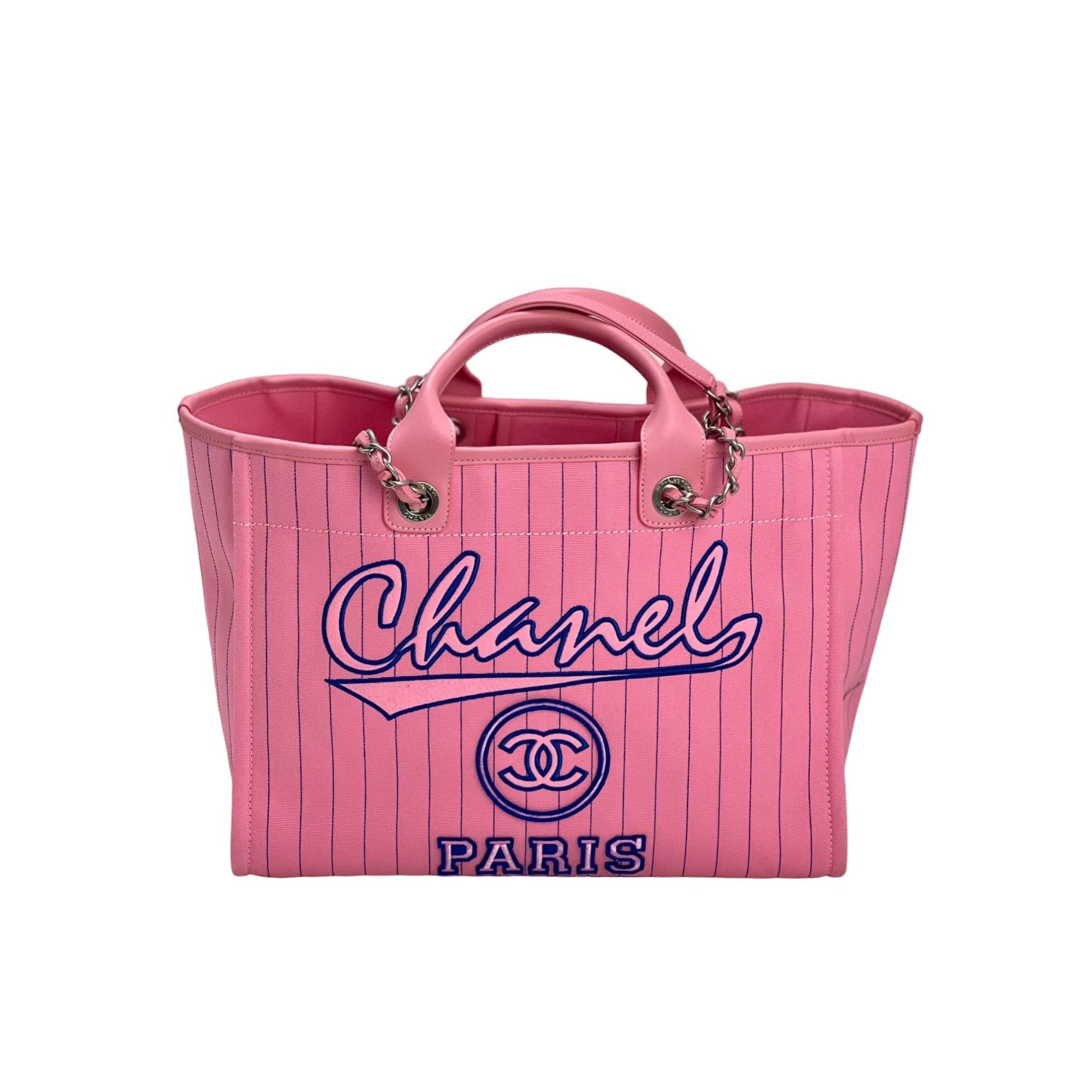 Chanel Canvas Calfskin Striped Medium Deauville Pink Tote - HOUSE OF SHE