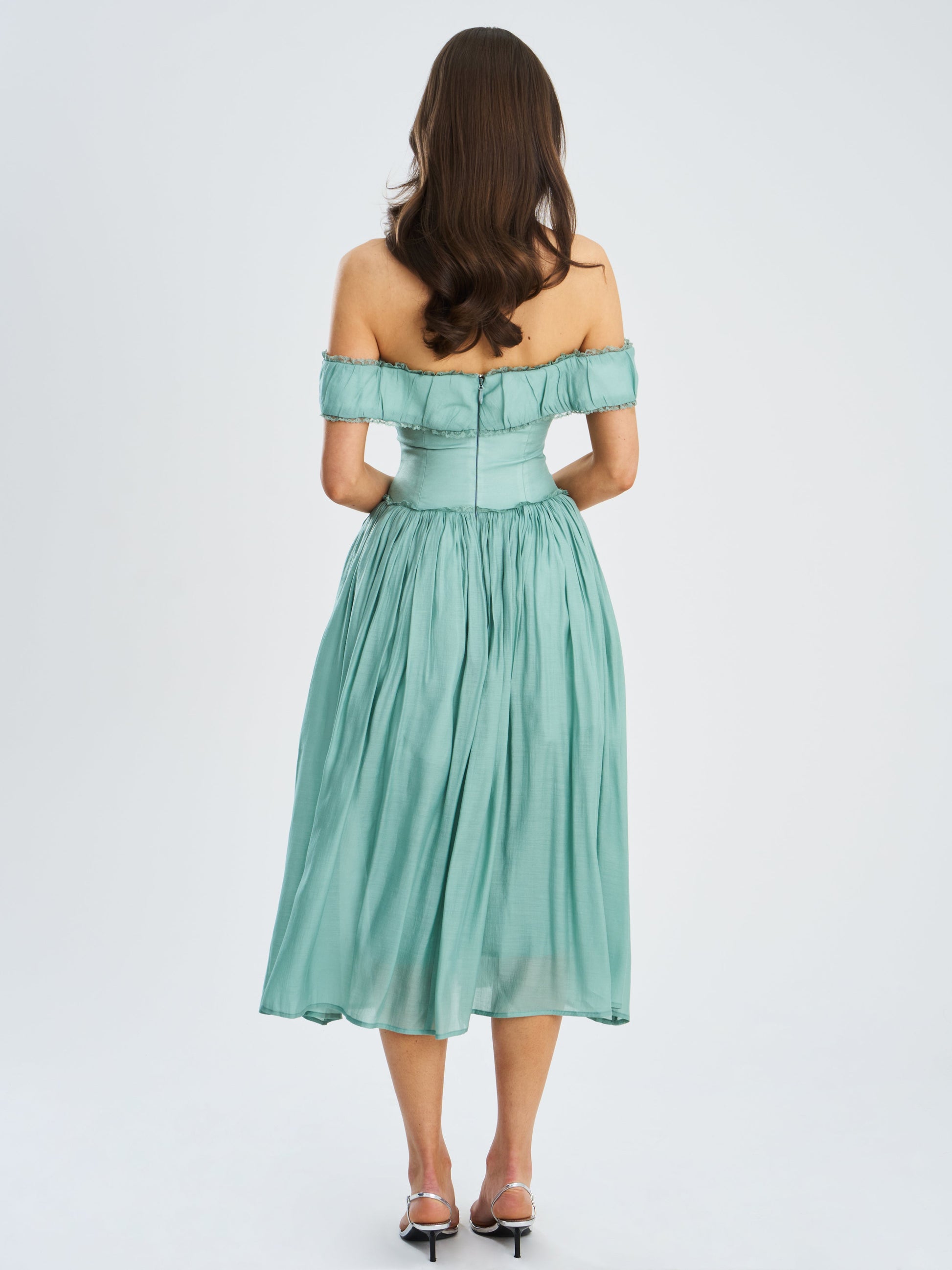 Xavy Teal Green Off Shoulder Corset Midi Dress