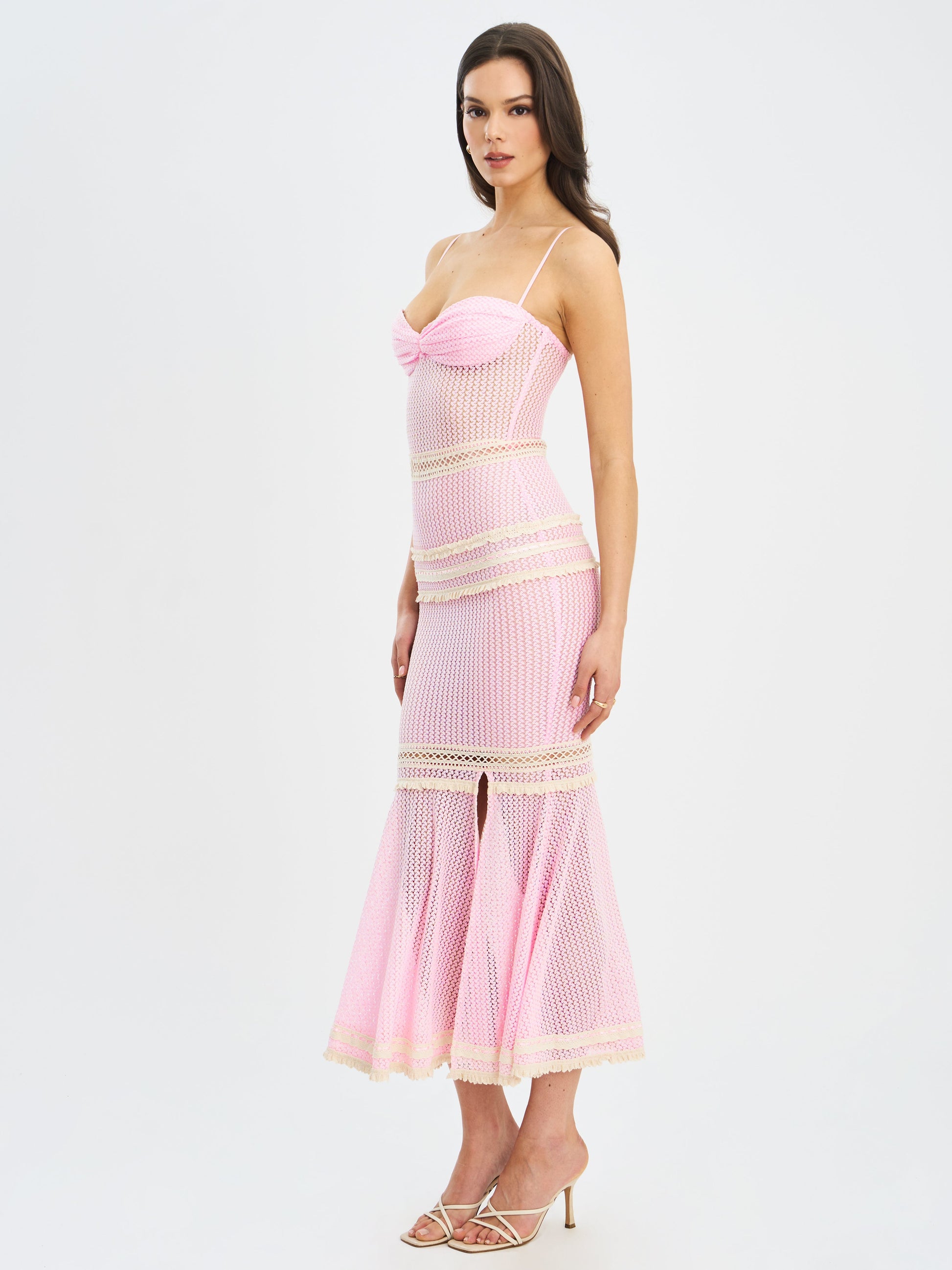 Pallas Pink Lace Trim Crochet Mermaid Maxi Dress - HOUSE OF SHE