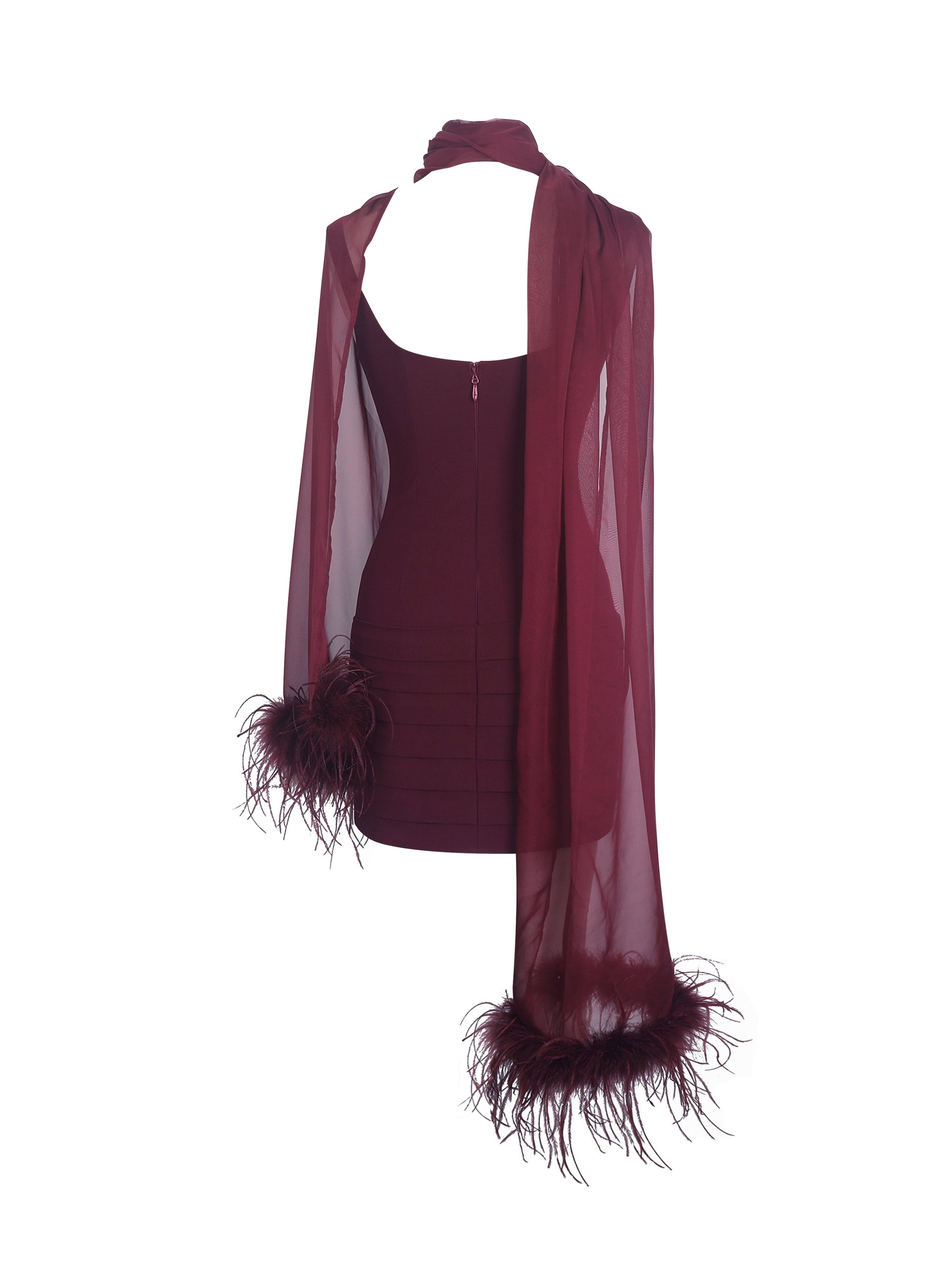 Tori Wine Red Pleated Mini Dress with Chiffon Scarf