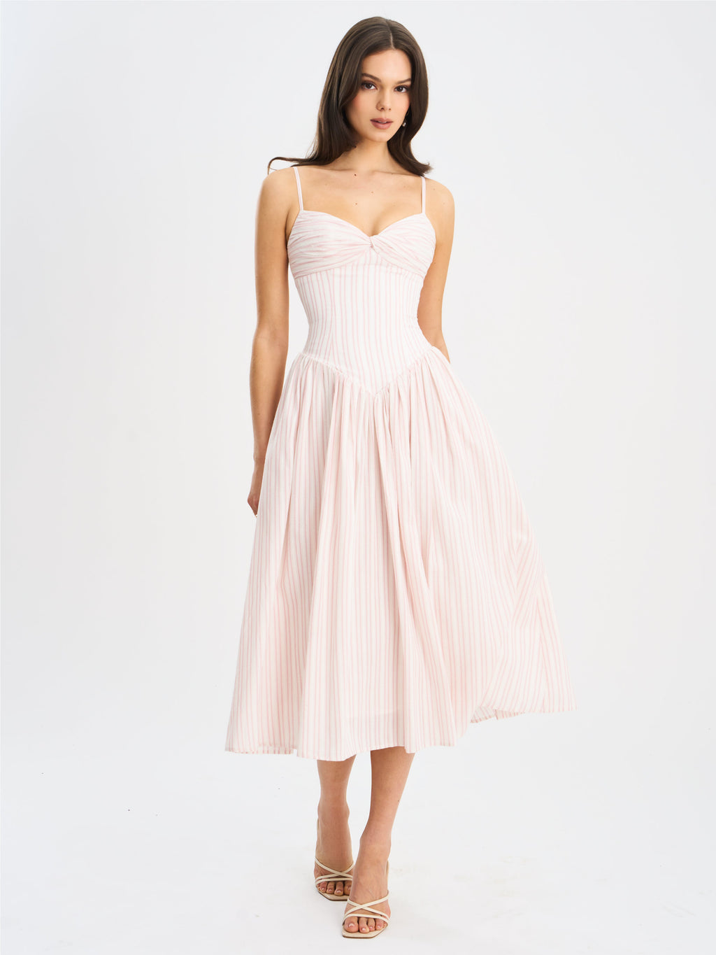 Zania Pink Stripe Ruched Breast Cotton Jacquard Midi Dress