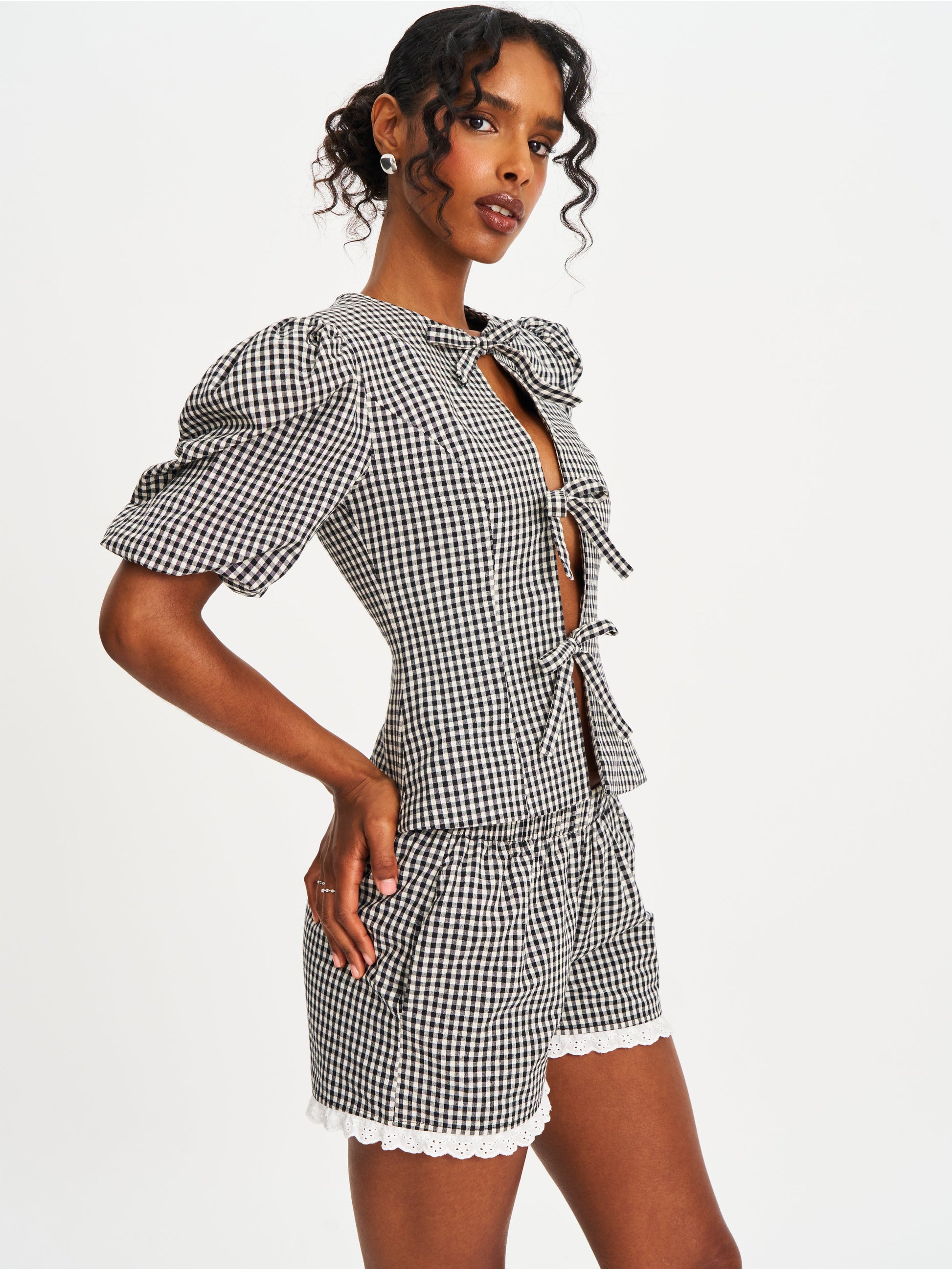 Qusayla Black Gingham Bubble Sleeve Bowtie Top - HOUSE OF SHE