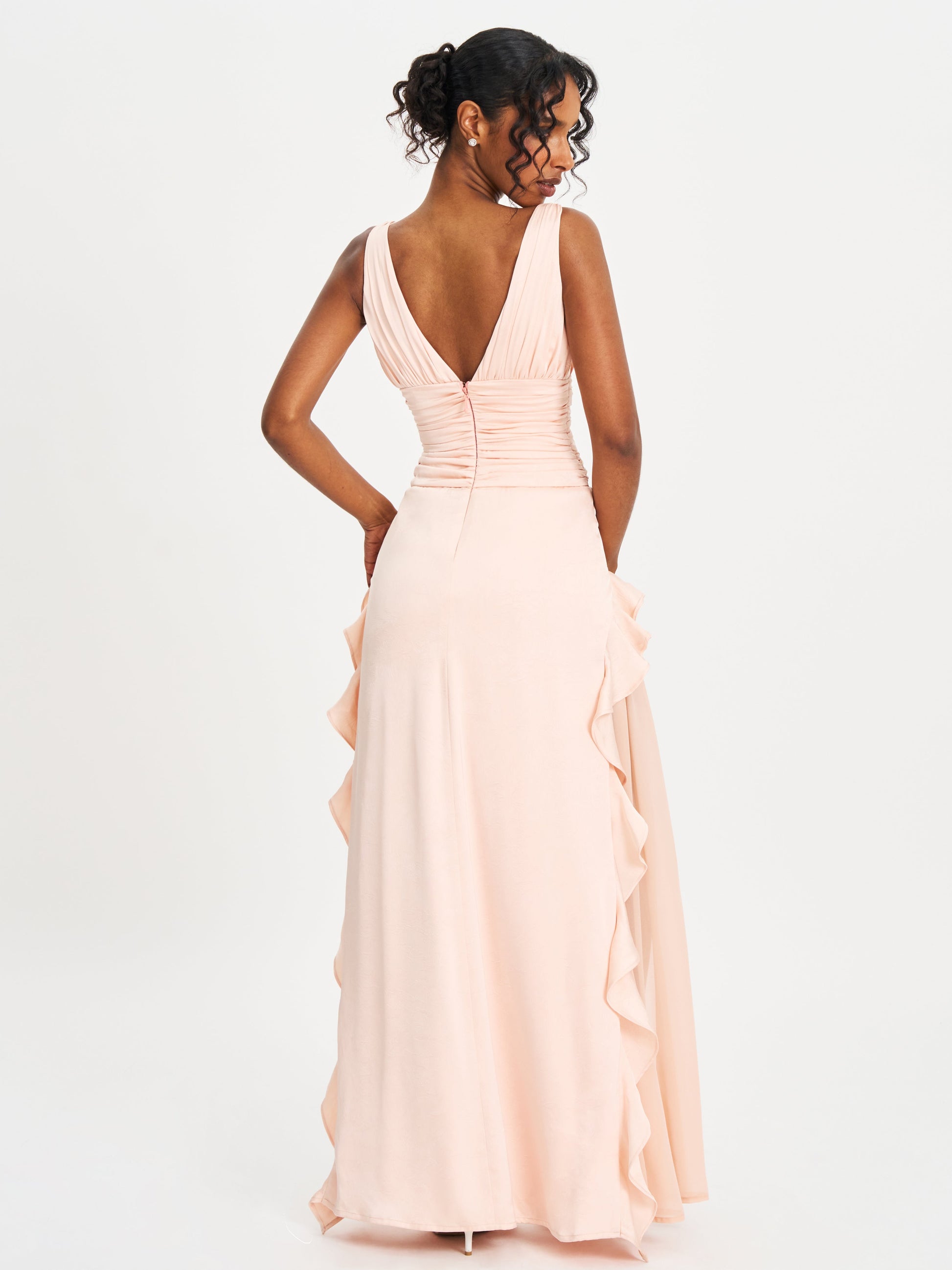 Talyssa Baby Pink Ruched Waist Double High Slit Maxi Gown - HOUSE OF SHE