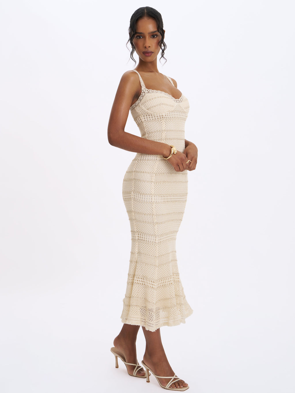 Xiomara Beige & Gold Stripe Crochet Knit Mermaid Midi Dress
