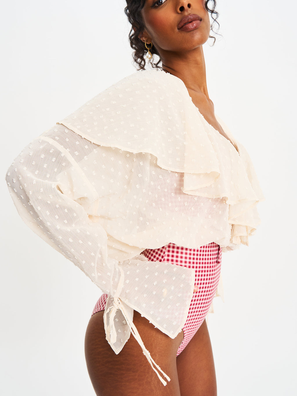 Magali Beige Dotted Mesh Ruffle V Collar Top - HOUSE OF SHE