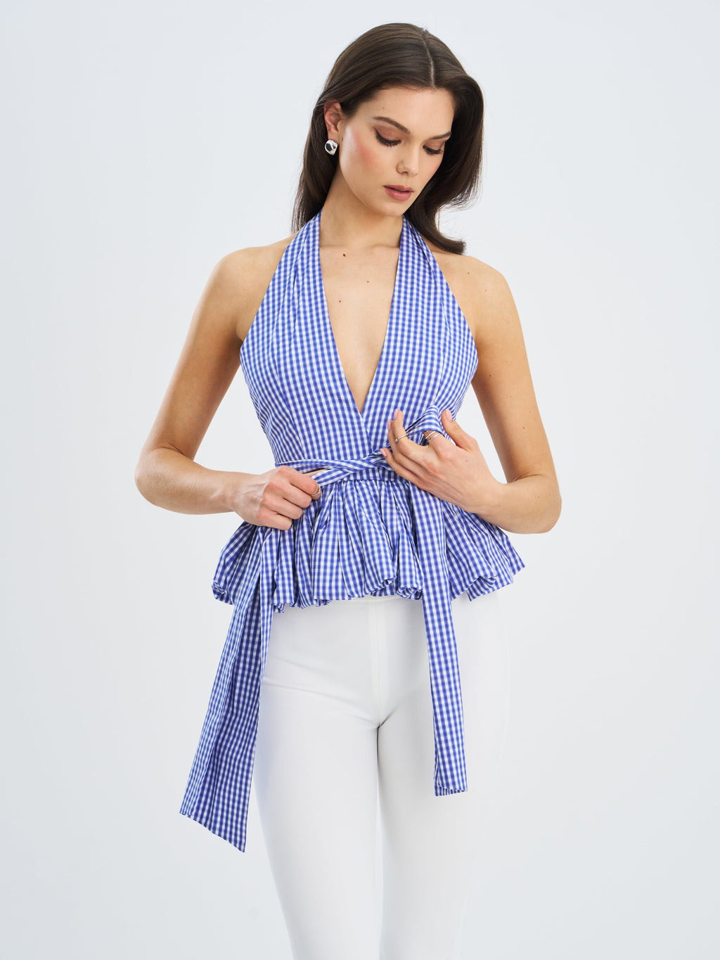Ilene Blue and White Checkered Bubble Hem Halter Top - HOUSE OF SHE