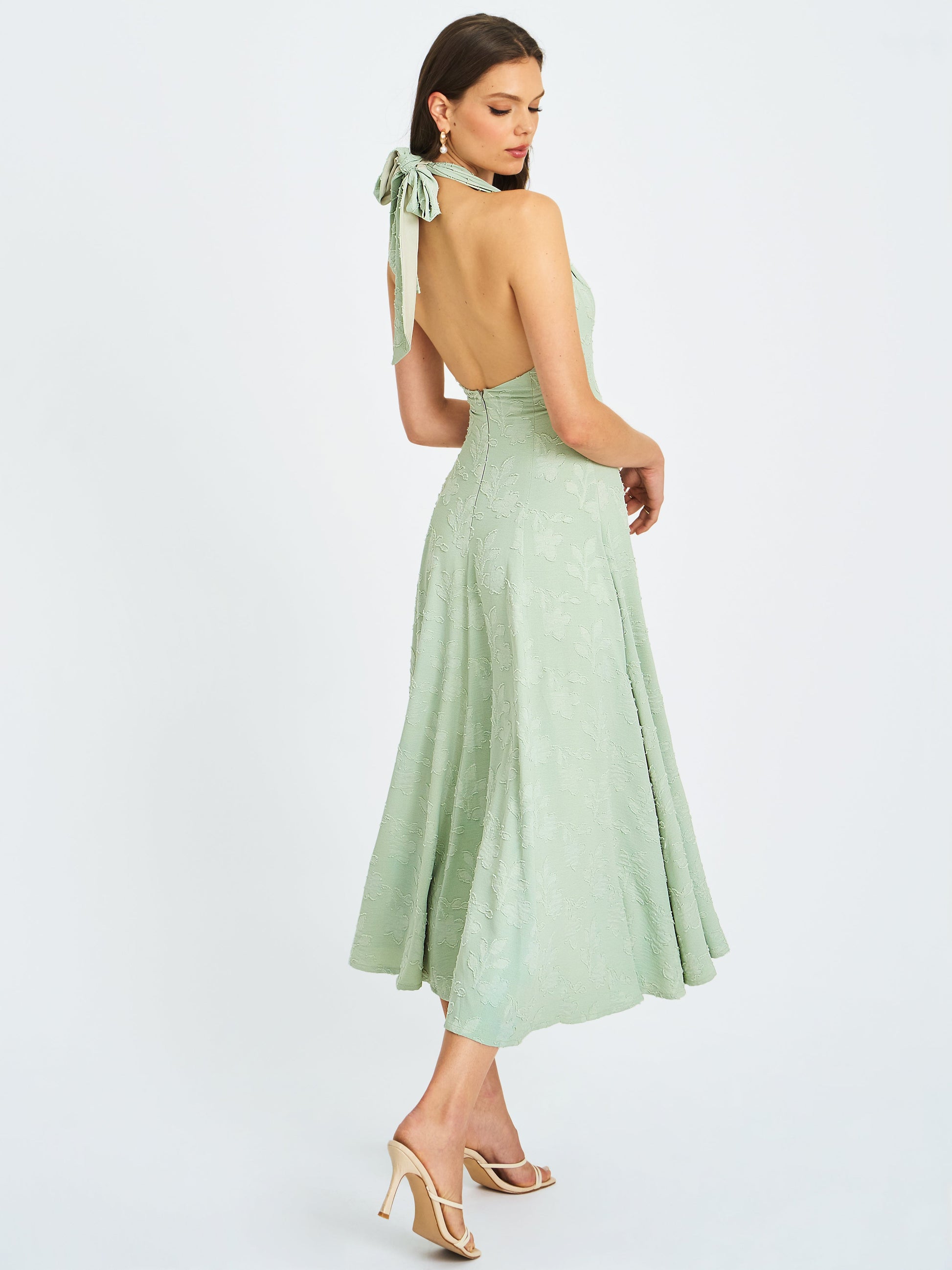 Magda Mint Green Deep V Neck Halter A-line Midi Dress - HOUSE OF SHE