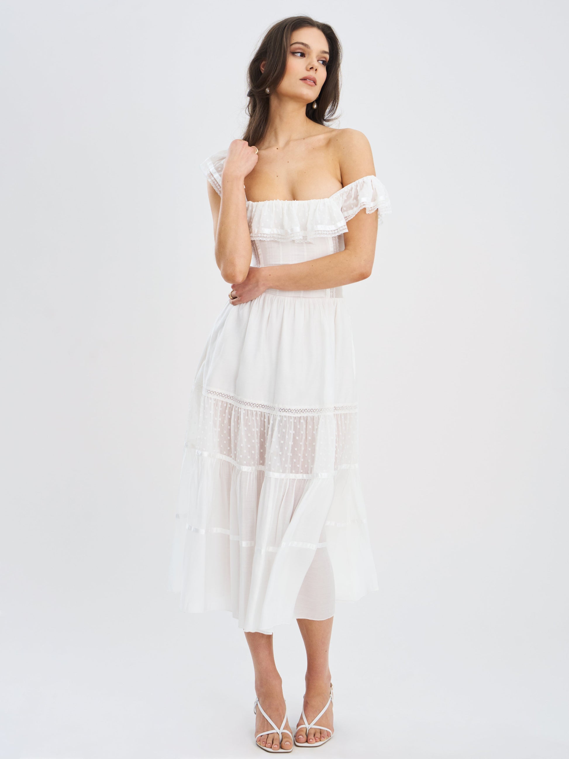 Eden Square Neck Ruffle Trim High Waist Midi Dress - HOUSE OF SHE