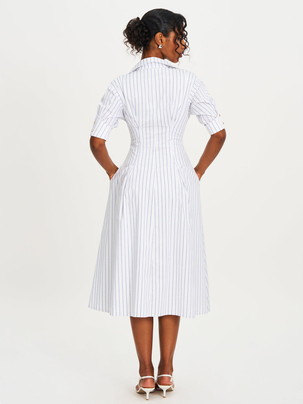 Palina Pinstripes Cotton Poplin Pleated Midi Preppy Shirt Dress - HOUSE OF SHE