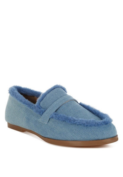 Nivena Fur Detail Denim Loafers  HOUSE OF SHE