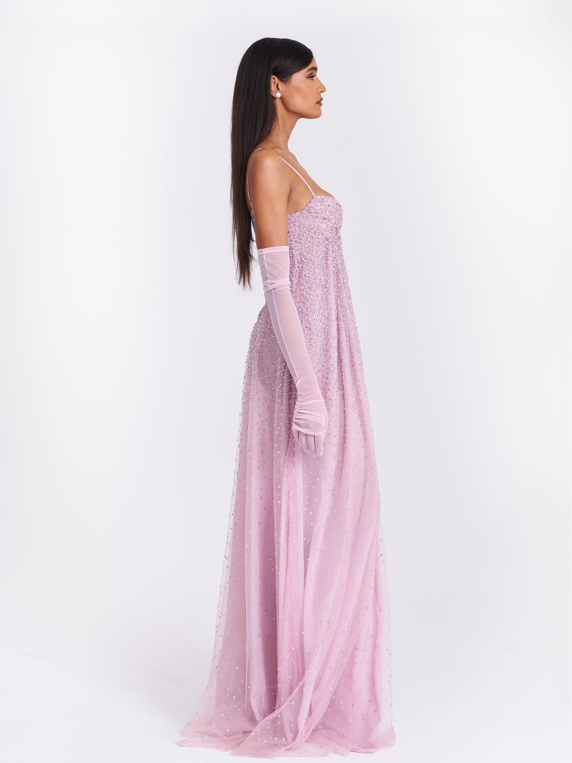 Wallie Pink Rhinestone Embellished Mesh Backless Gown